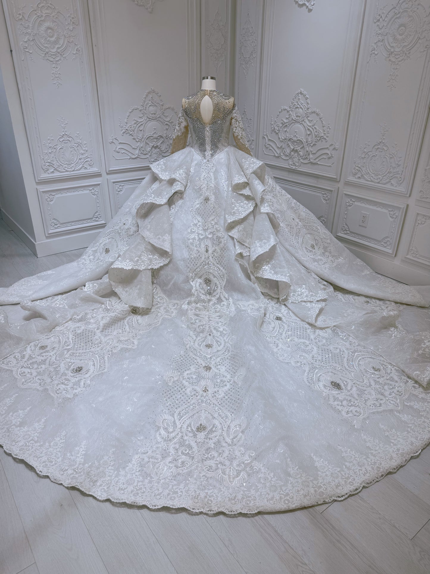Stock Clearance! Bridal Size 12! Luxury crystal beaded with lace embroidered sparkling long sleeve high neck royal wedding dress