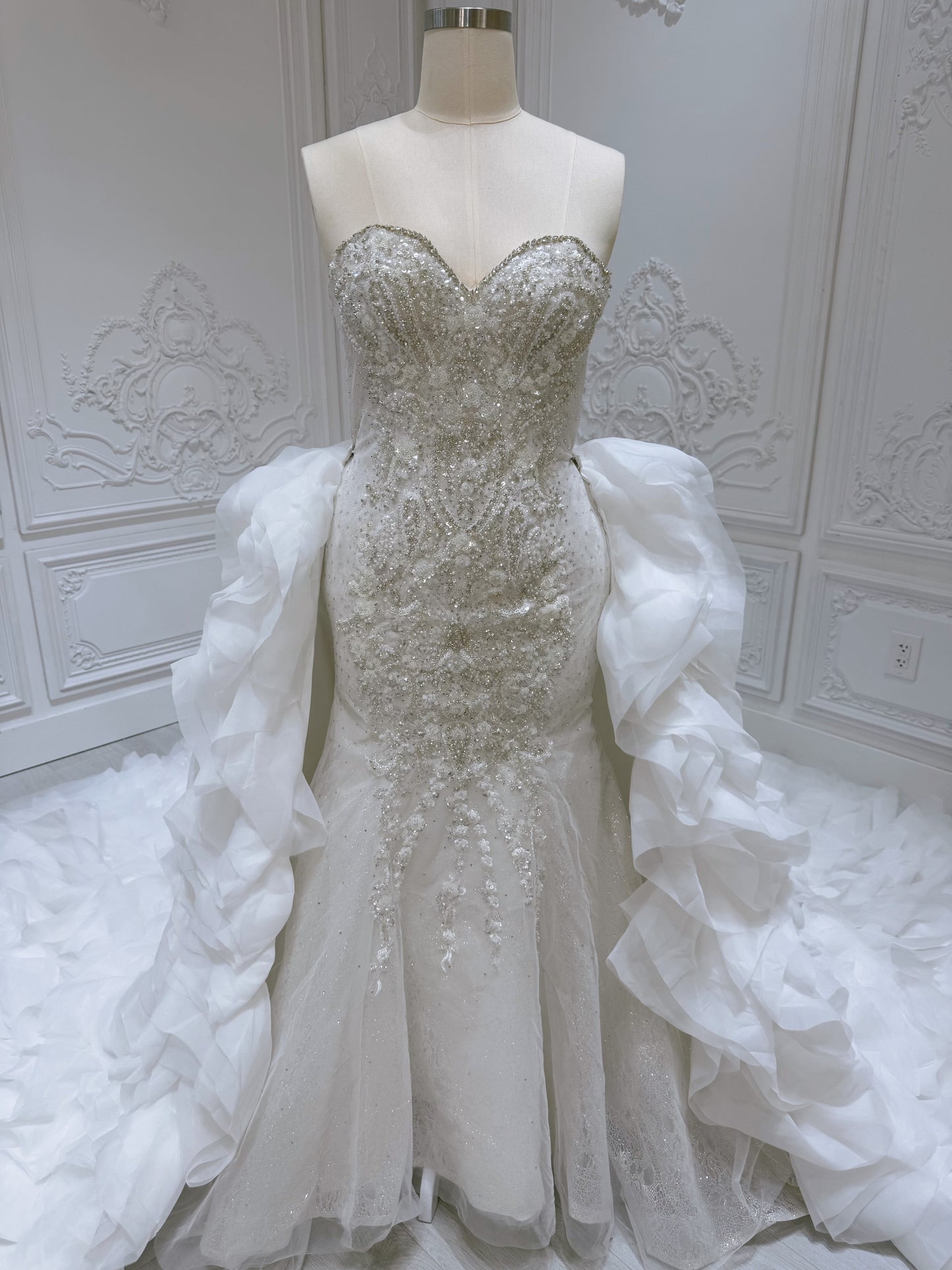 Stock Clearance! Bridal size 12! Custom-made off white beading strapless 2 in 1 look trumpet wedding dress with detachable ruffled skirt