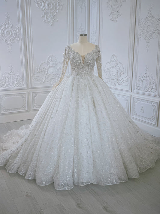 TBC-B005 Off white luxury beading long sleeve with plunge sparkling princess ballgown wedding dress