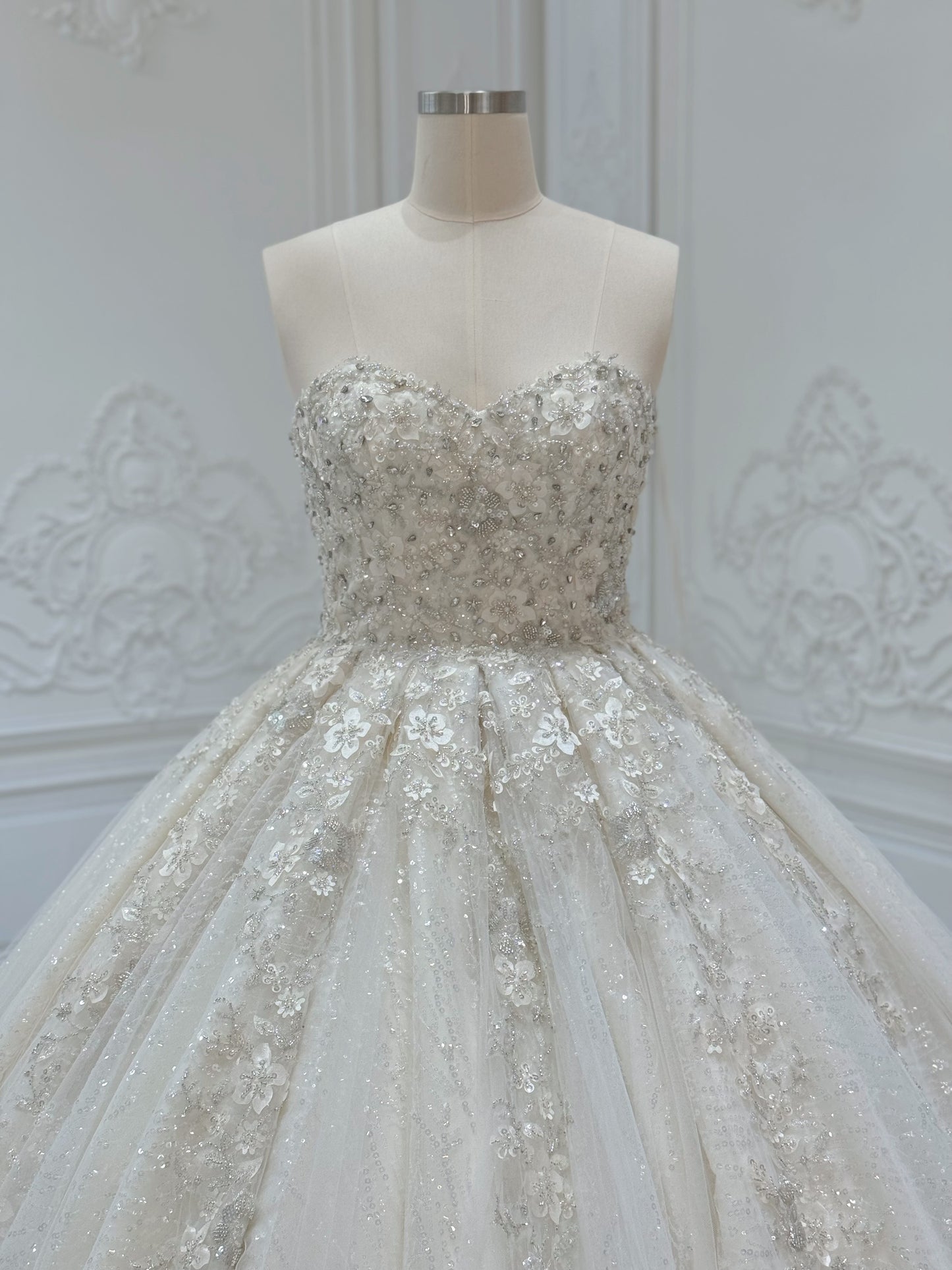 Stock Clearance! Bridal size 12! Champagne strapless/off the shoulder puffy long sleeve beaded 3D floral full ballgown fairy wedding dress