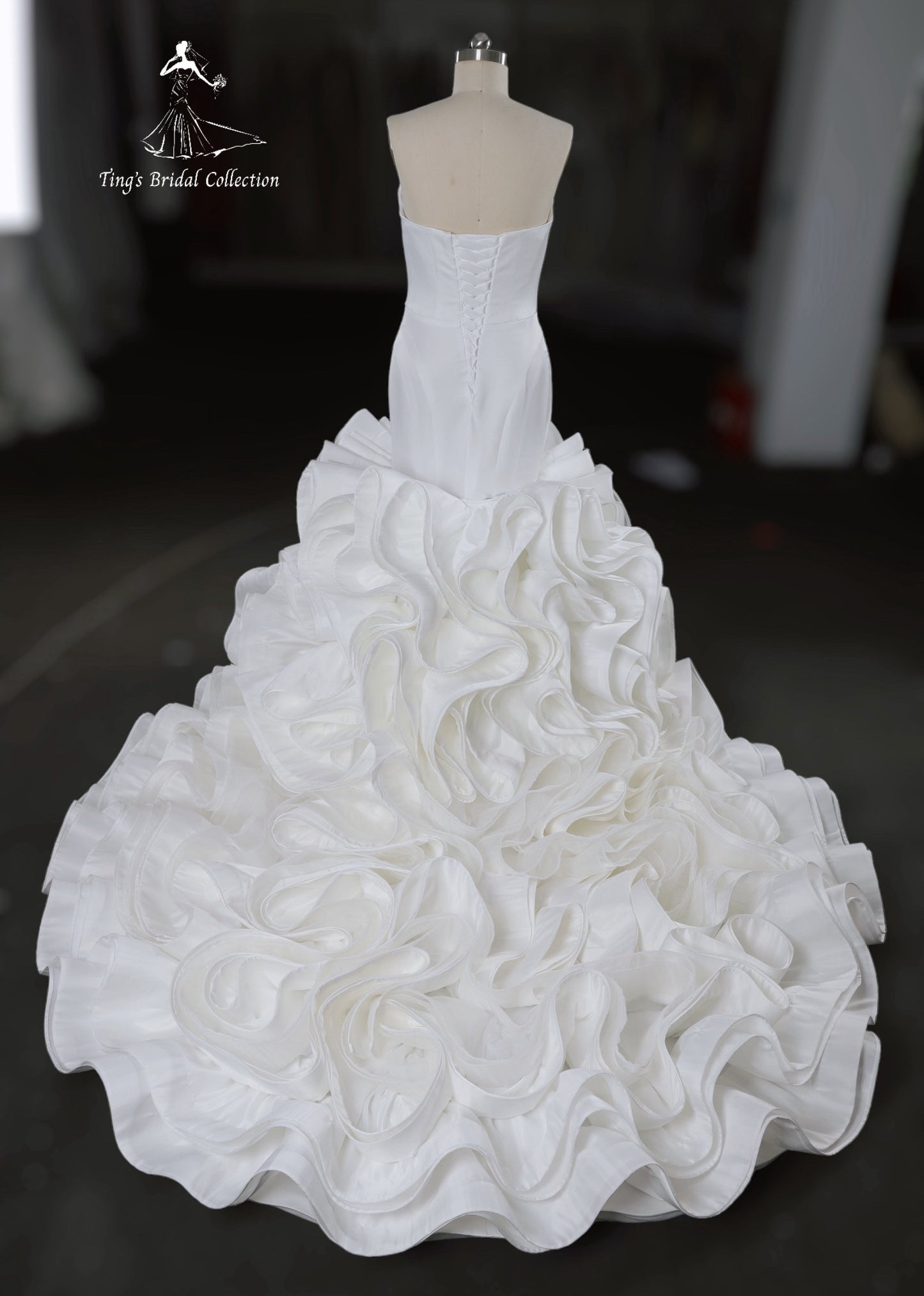 TBC-CM33 Custom-made strapless white satin mermaid wedding dress with ruffles skirt