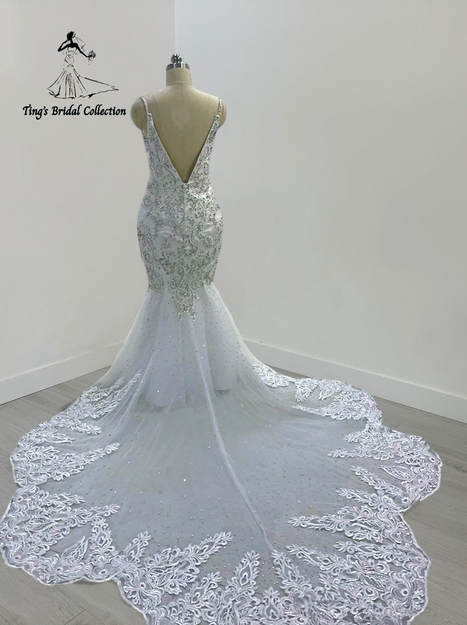 TBC-M045 Made to order lace embroidered with crystal beaded mermaid wedding dress