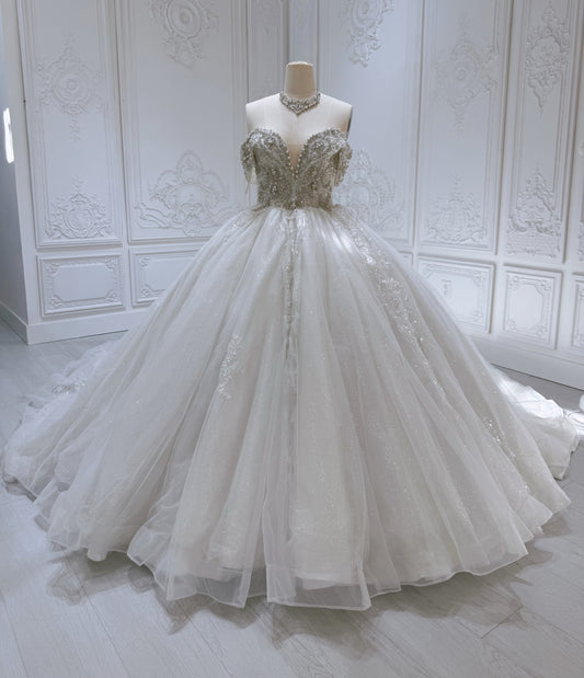 Stock Clearance! Bridal size 8! Custom-made off the shoulder crystal on beading lace princess ballgown sparkling wedding dress