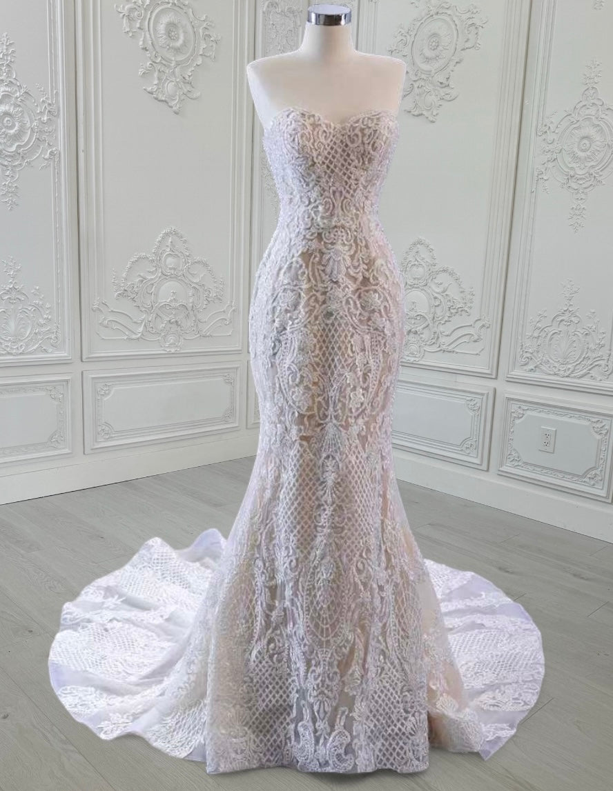 TBC-CM39 Custom-made champagne color off the shoulder lace embroidered mermaid wedding dress