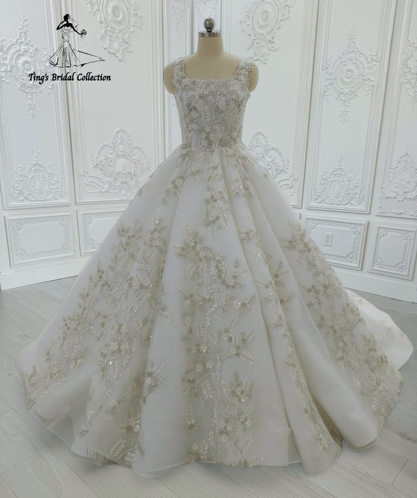 Custom-made white sparkling gown with champagne 3D floral embroidered square neck Aline wedding dress - Ting's Bridal Collection