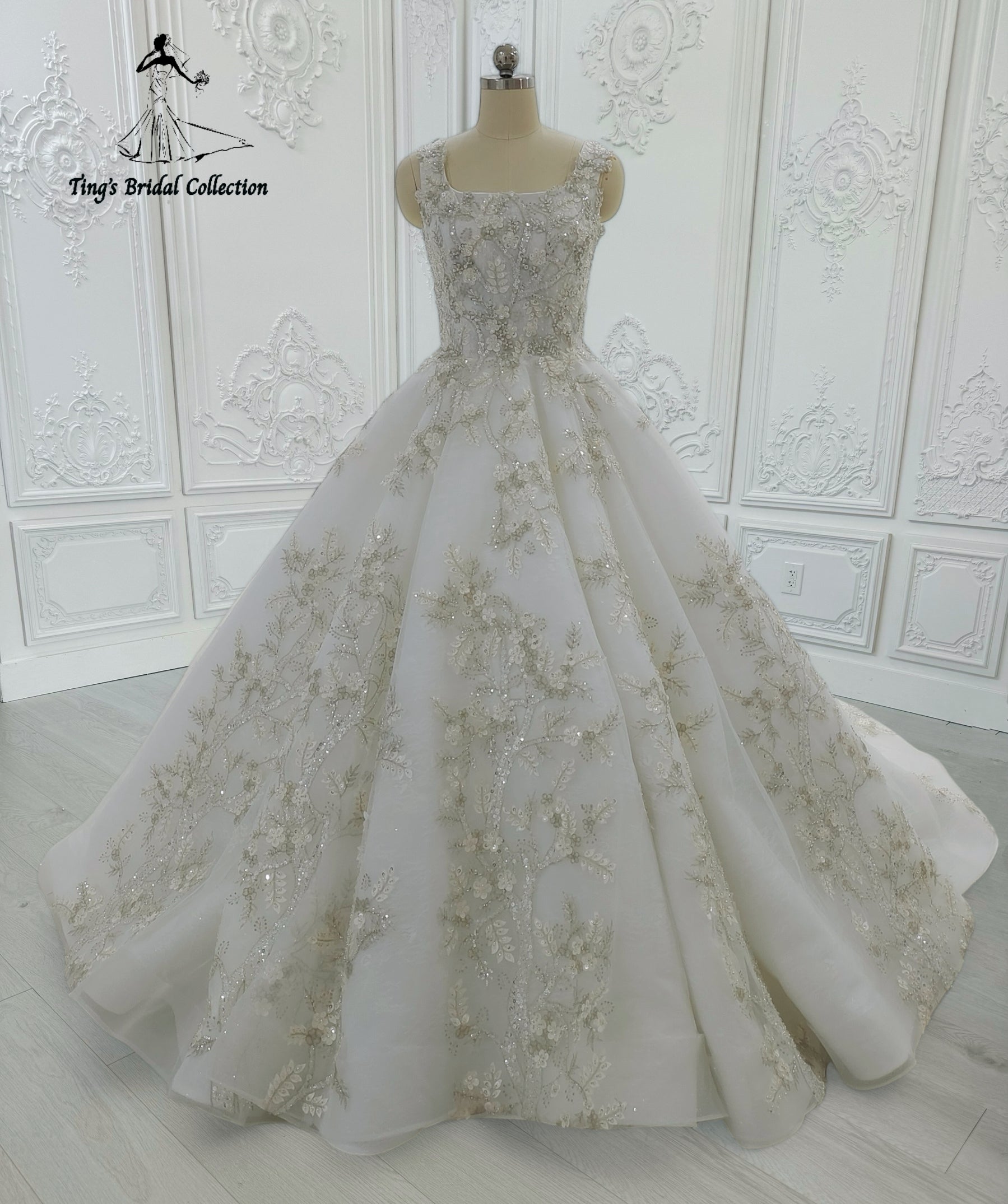 Custom-made white sparkling gown with champagne 3D floral embroidered square neck Aline wedding dress - Ting's Bridal Collection
