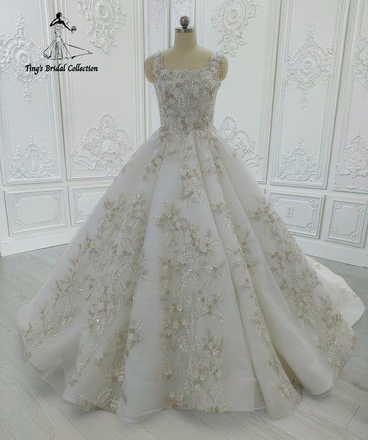 Custom-made white sparkling gown with champagne 3D floral embroidered square neck Aline wedding dress - Ting's Bridal Collection