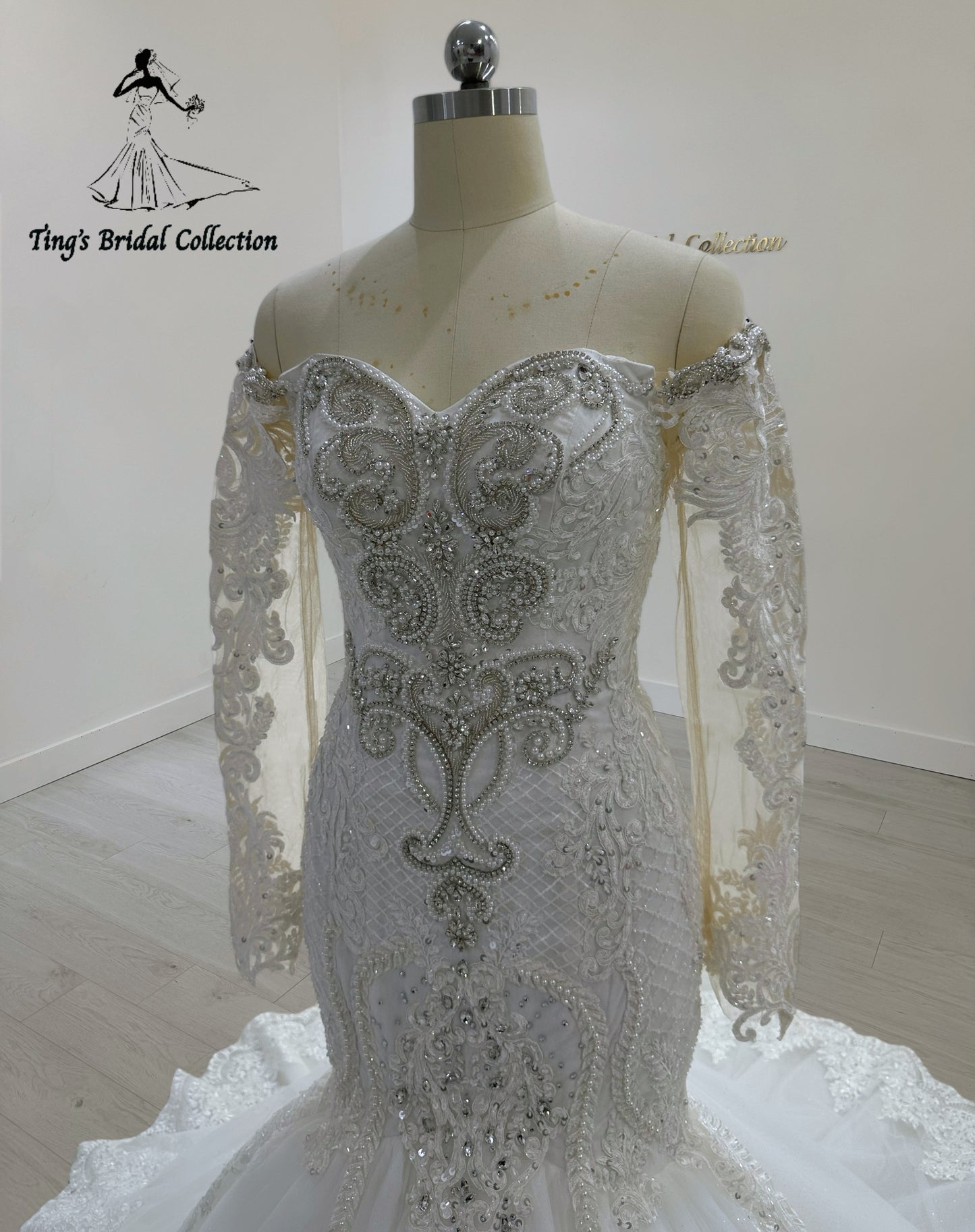 TBC-CM27 Custom-made Luxury crystal beaded off the shoulder 2 in 1 style mermaid wedding dress with detachable ruffled skirt