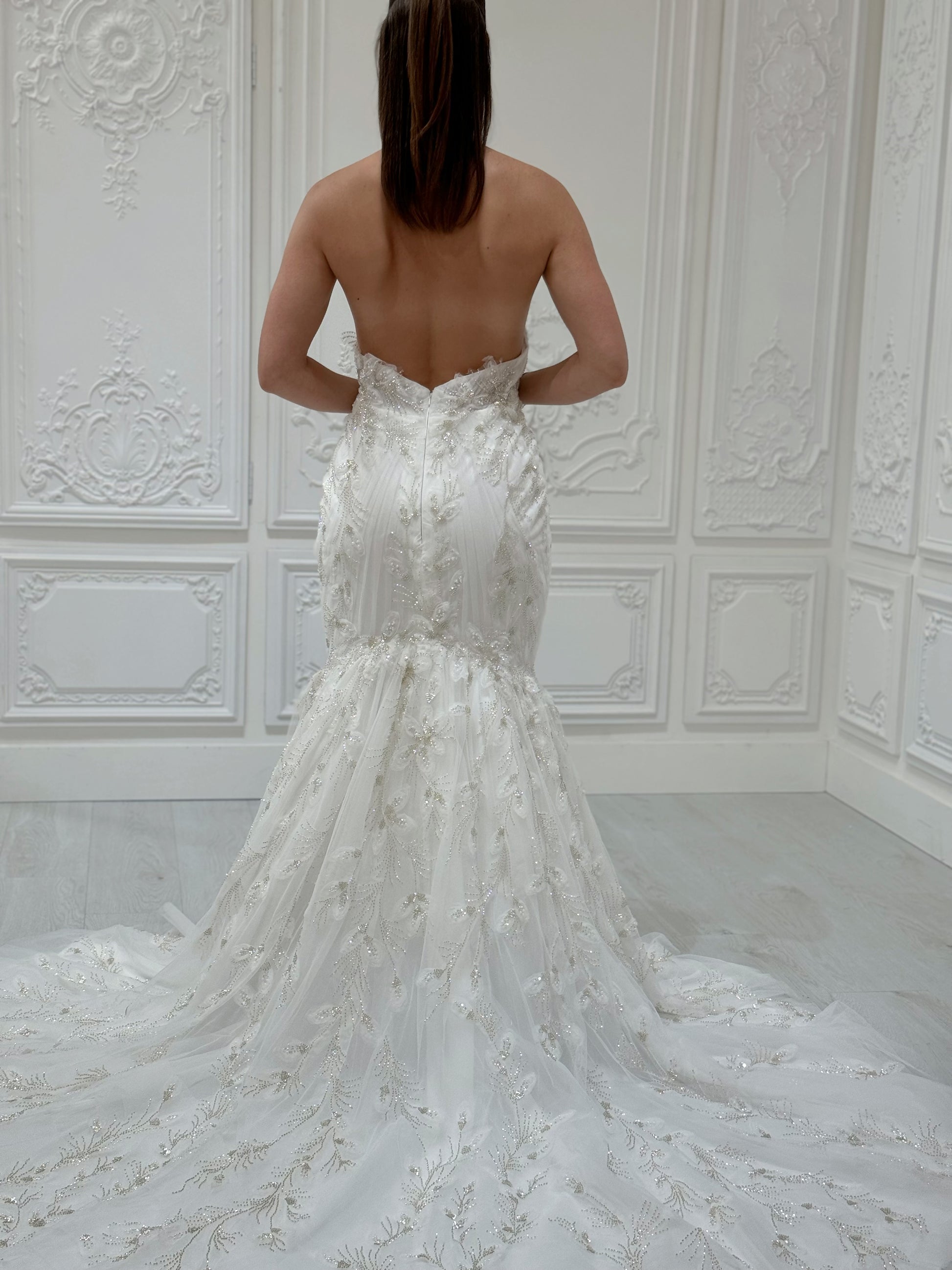 Stock Sale! Bridal size 12! Custom-made beading 3D floral lace halter neck with open back mermaid wedding dress - Ting's Bridal Collection