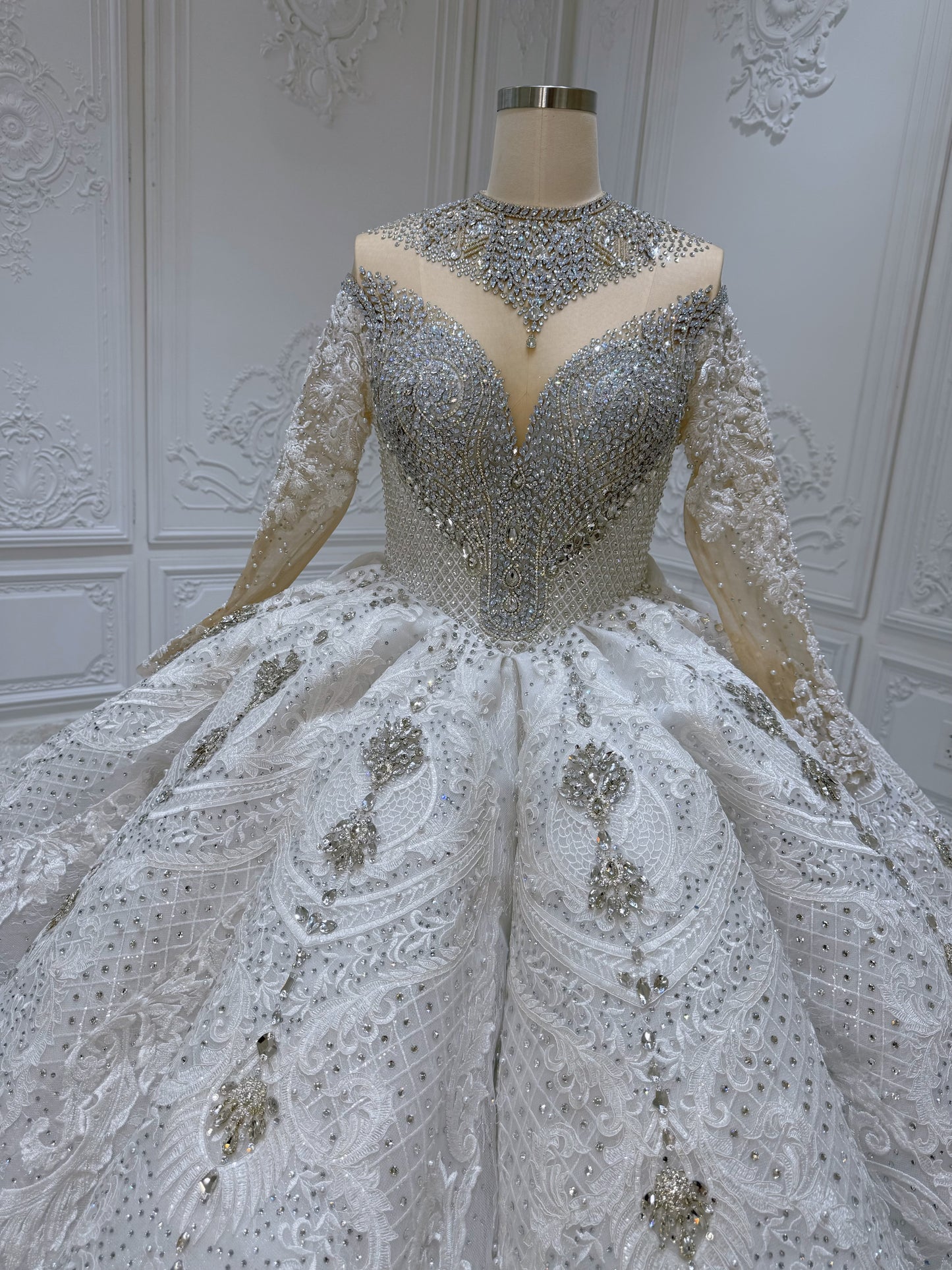 Stock Clearance! Bridal Size 12! Luxury crystal beaded with lace embroidered sparkling long sleeve high neck royal wedding dress