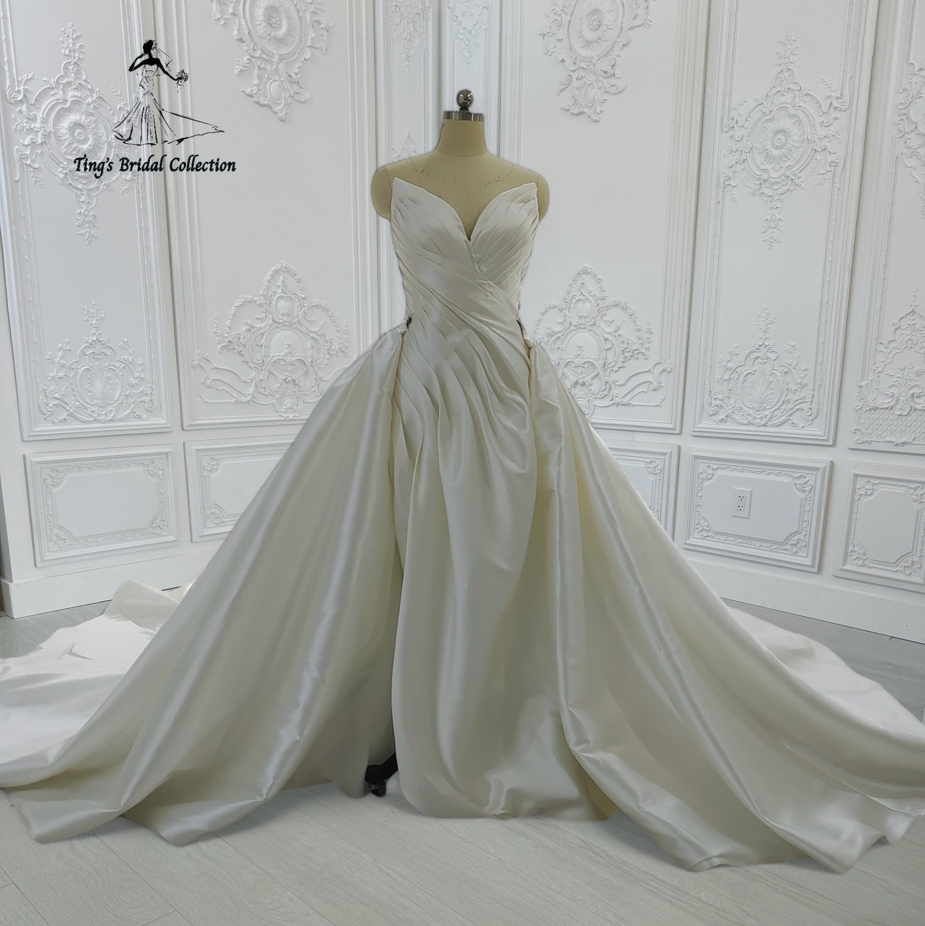 Custom-made strapless with V neck pleated white mikado satin 2 in 1 look split trumpet wedding dress with detachable skirt - Ting's Bridal Collection