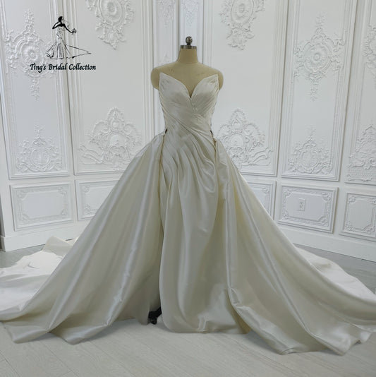 Custom-made strapless with V neck pleated white mikado satin 2 in 1 look split trumpet wedding dress with detachable skirt - Ting's Bridal Collection