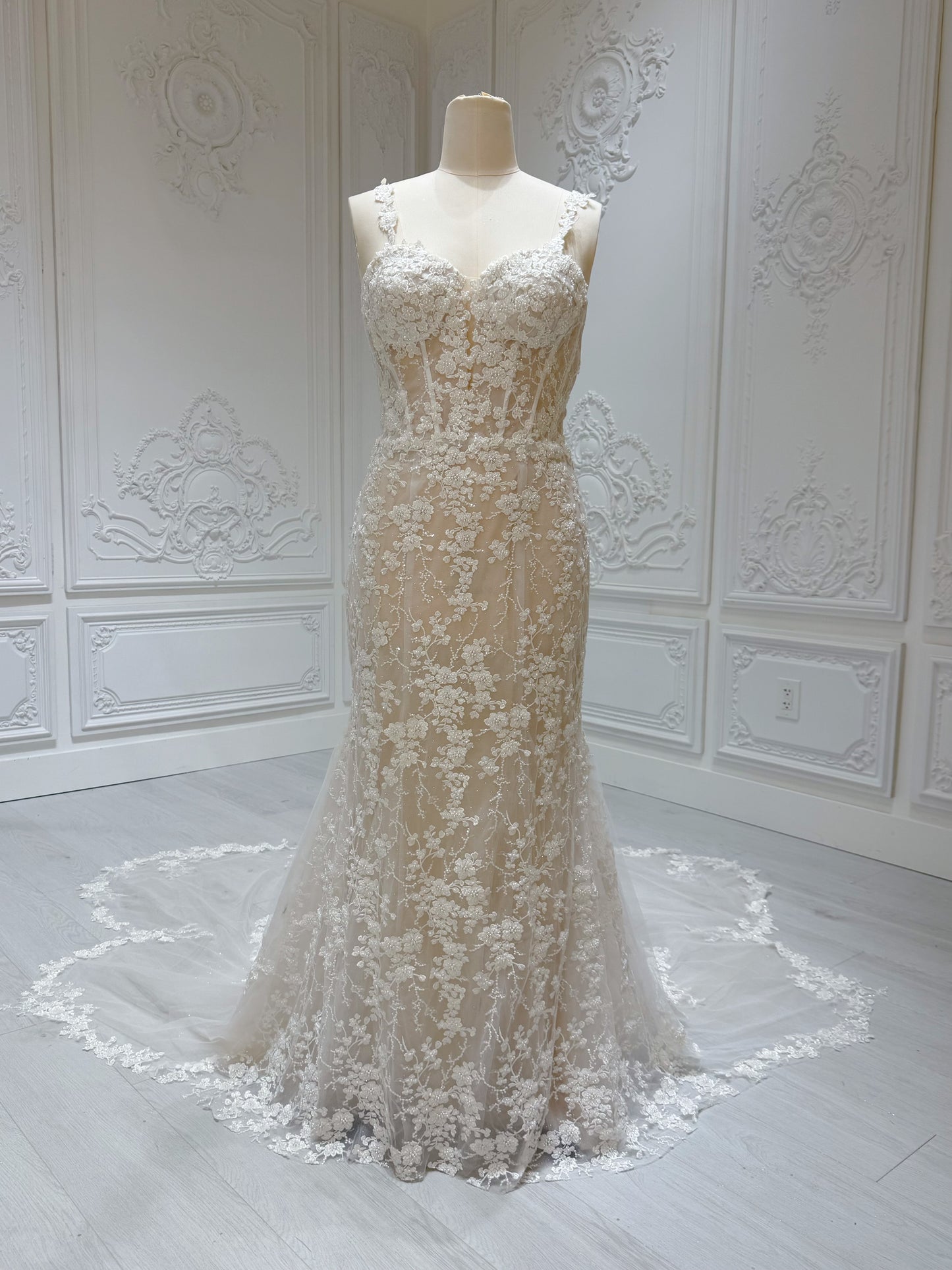 Custom-made ivory floral beading mermaid wedding dress with floral shaped train - Ting's Bridal Collection