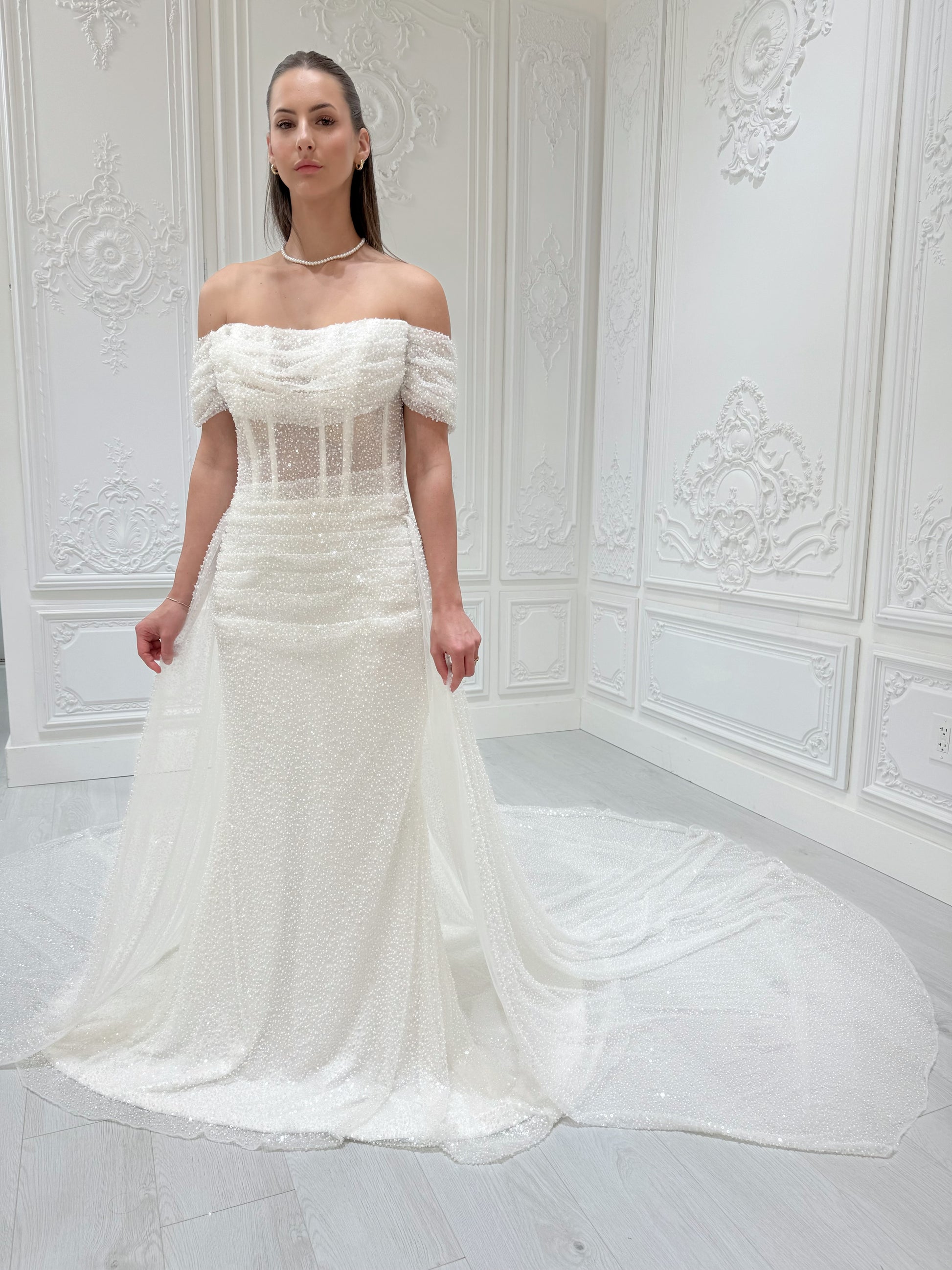 Stock Clearance! White beading straight neckline off the shoulder pleated sparkling mermaid wedding dress with detachable skirt - Ting's Bridal Collection