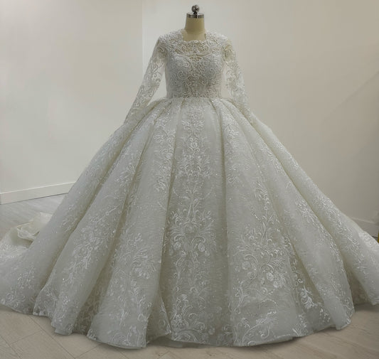 TBC-B053 Made to order luxury lace embroidered long sleeve princess ballgown royal wedding dress