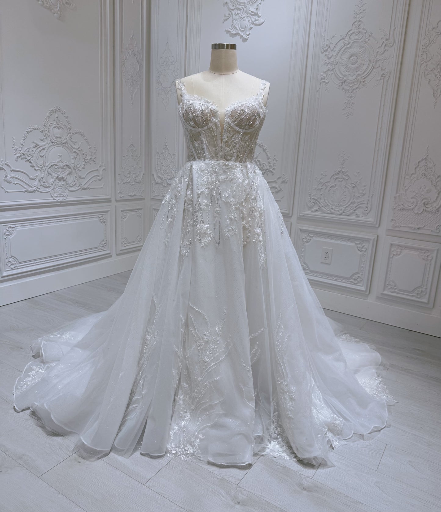 Stock Sale! Custom-made beading with 3D lace embroidered Aline wedding dress with split skirt - Ting's Bridal Collection