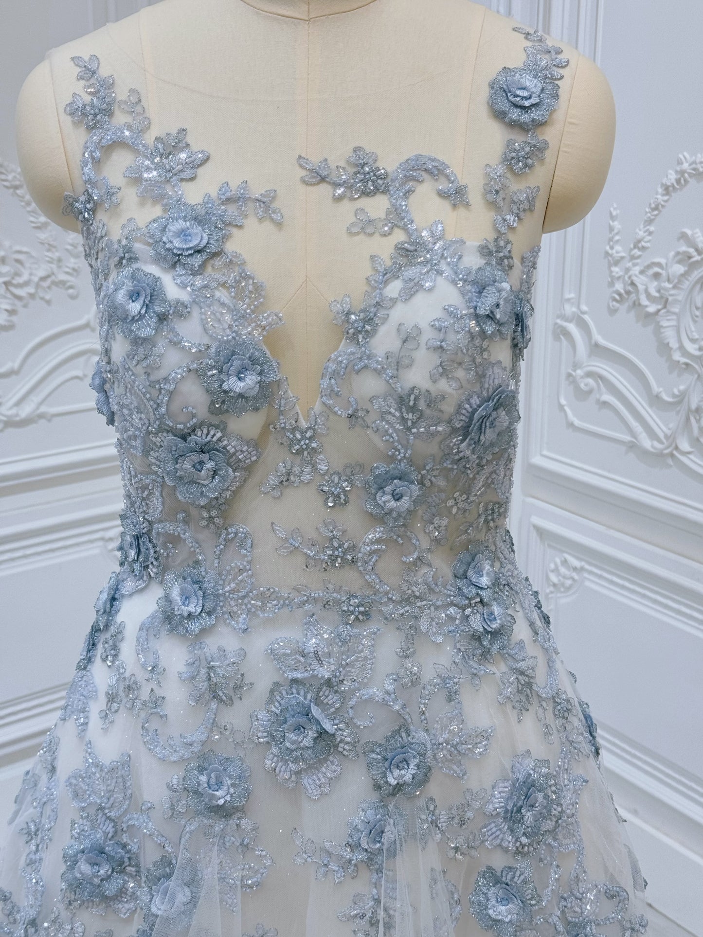 TBC-CM35 Custom-made blue 3D floral appliqué embroidered sparkling Aline wedding dress