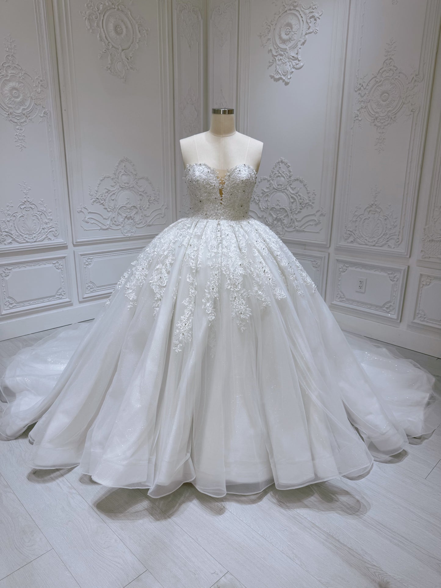 Stock Clearance! Bridal size 12! White floral lace embroidered high neck long sleeve princess ballgown royal wedding dress