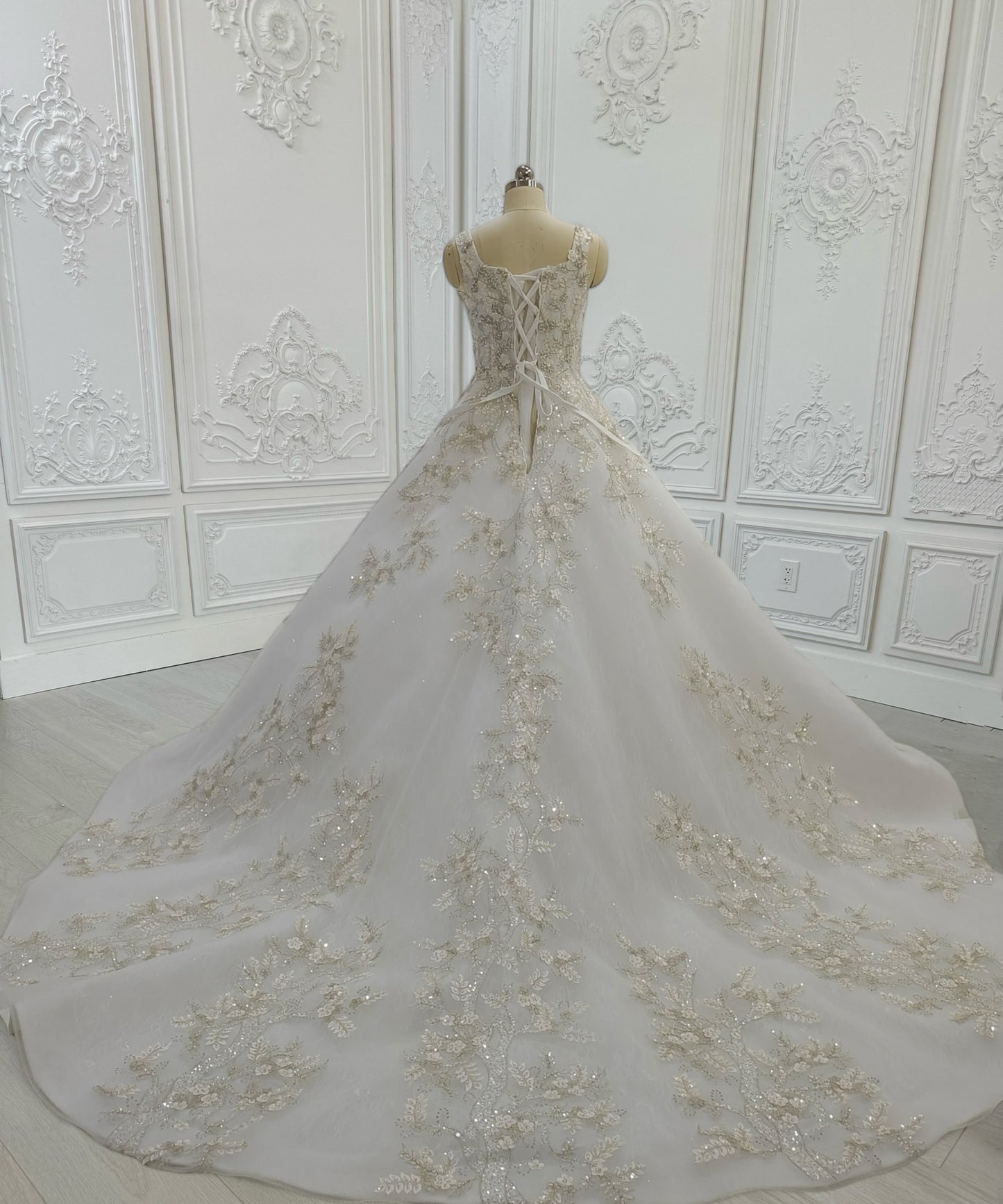Custom-made white sparkling gown with champagne 3D floral embroidered square neck Aline wedding dress - Ting's Bridal Collection