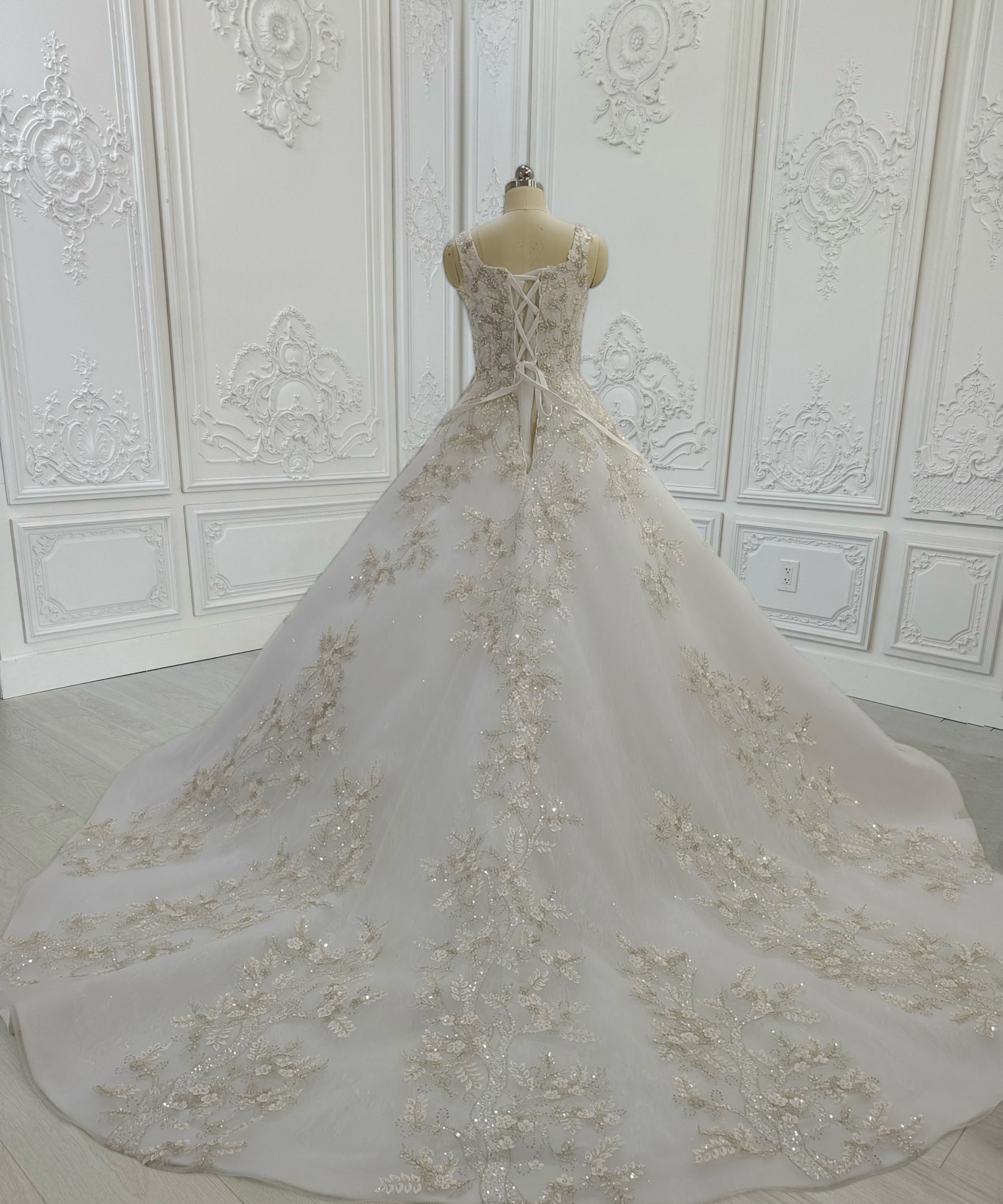 Custom-made white sparkling gown with champagne 3D floral embroidered square neck Aline wedding dress - Ting's Bridal Collection