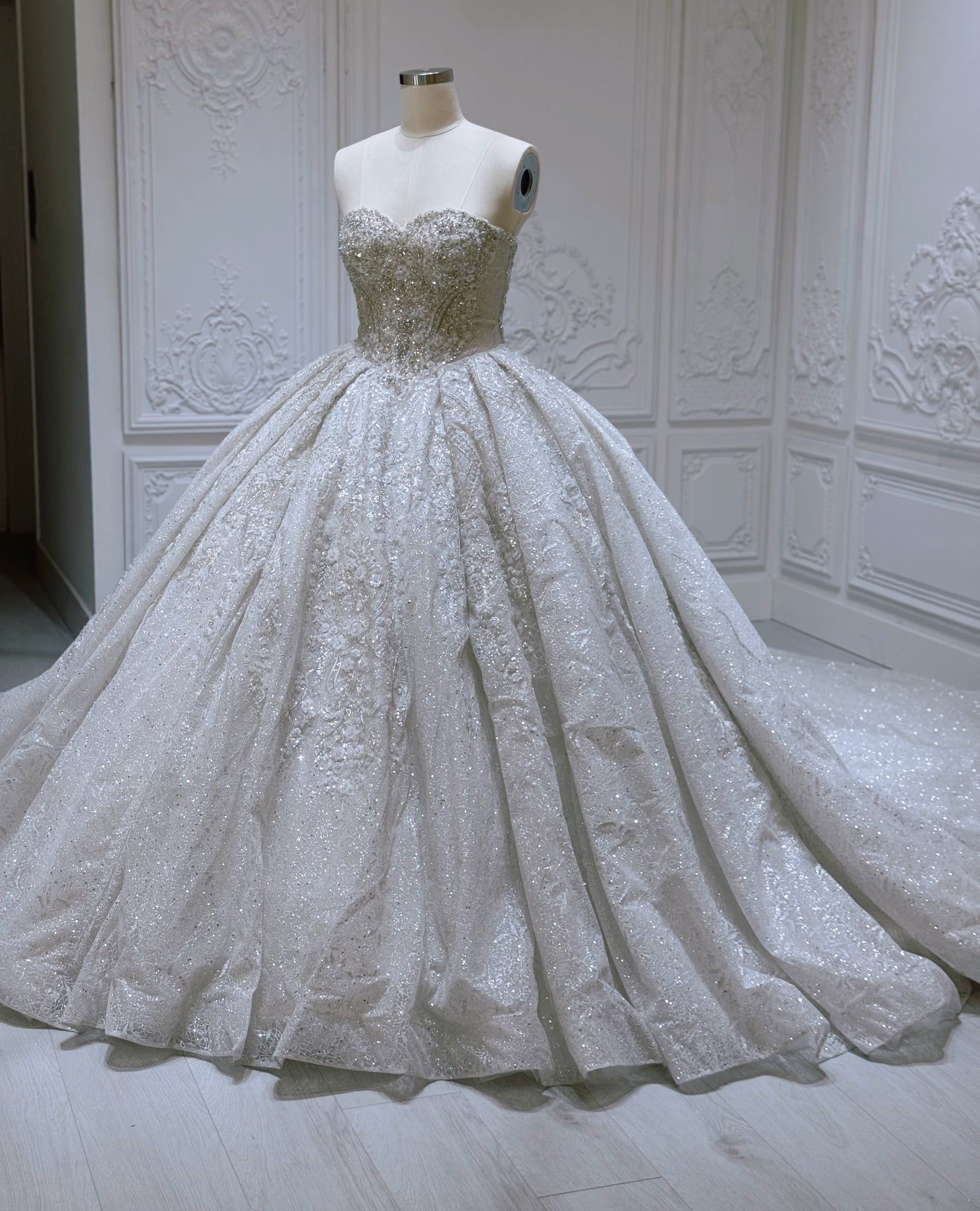 Stock Clearance! Bridal size 12! Luxury beading sparkling strapless princess floral ballgown fairy wedding dress - Ting's Bridal Collection