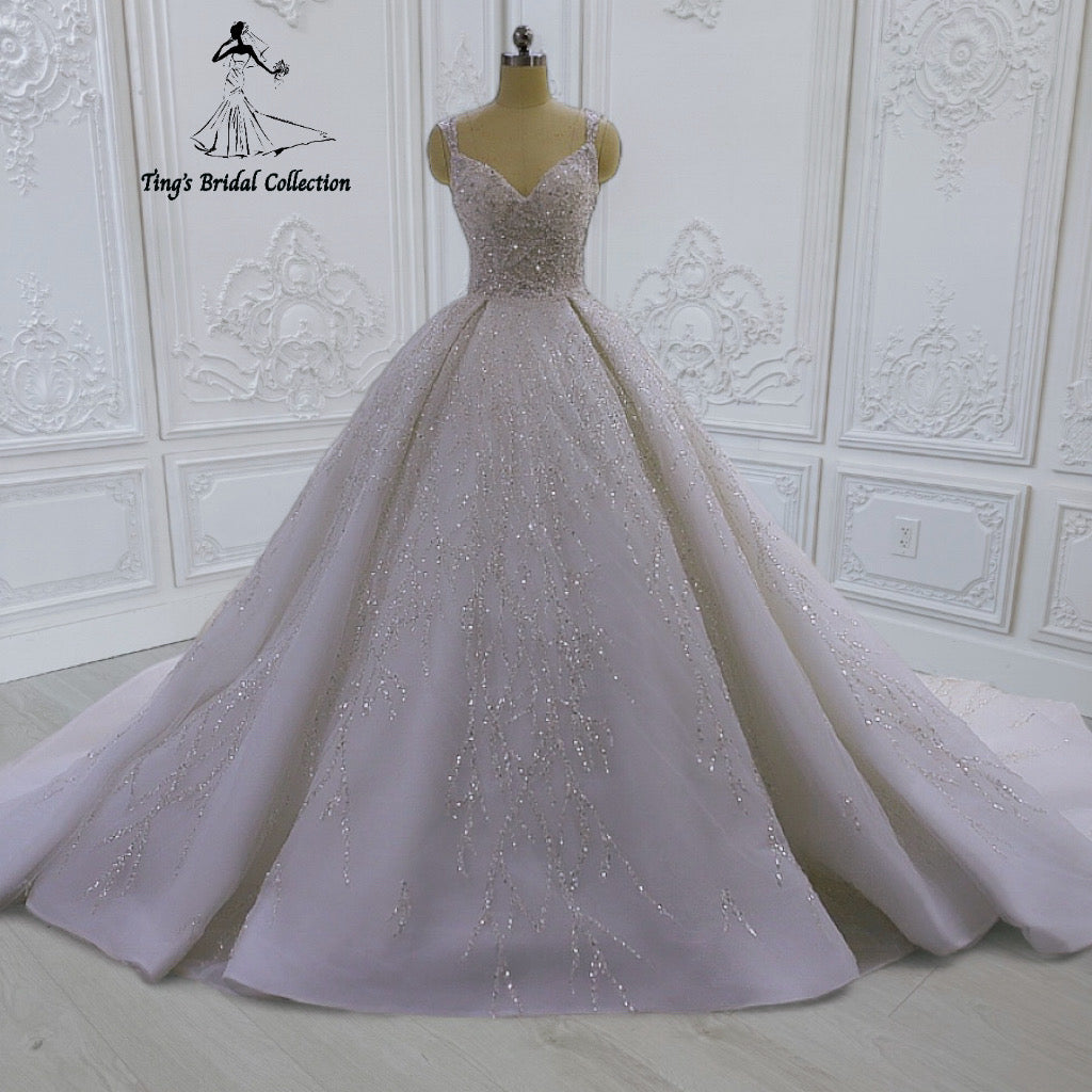 TBC-CM43 Custom-made beading lace embroidered strapped princess ballgown sparkling wedding dress