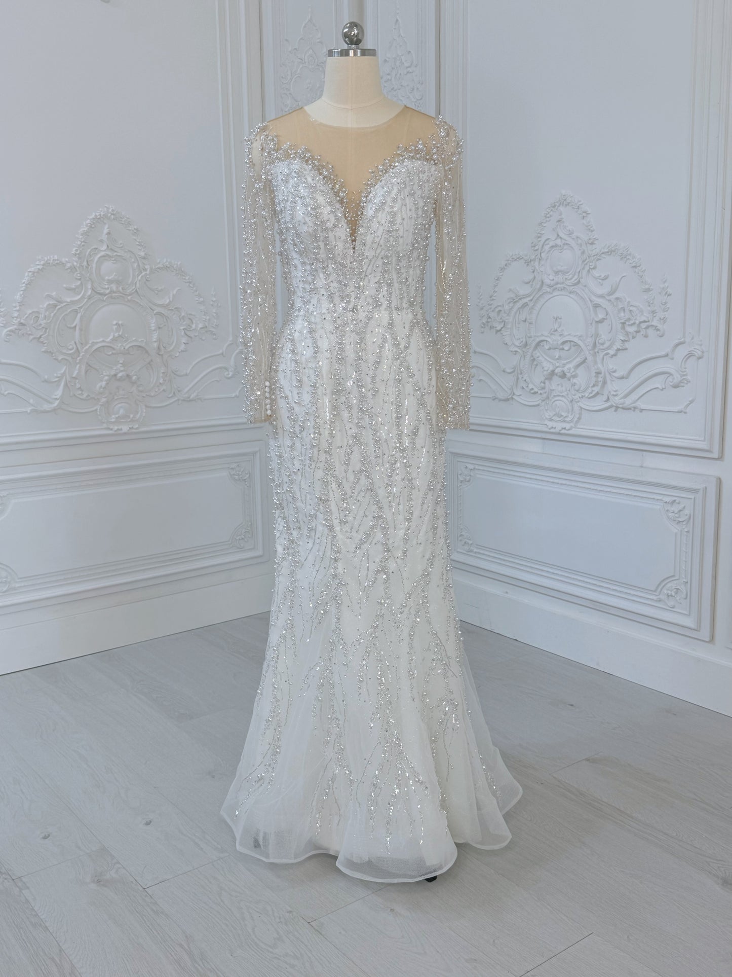 TMC-CM47 Custom-made luxury pearl with beading lace long sleeve 2 in 1 Ballgown&mermaid royal wedding dress