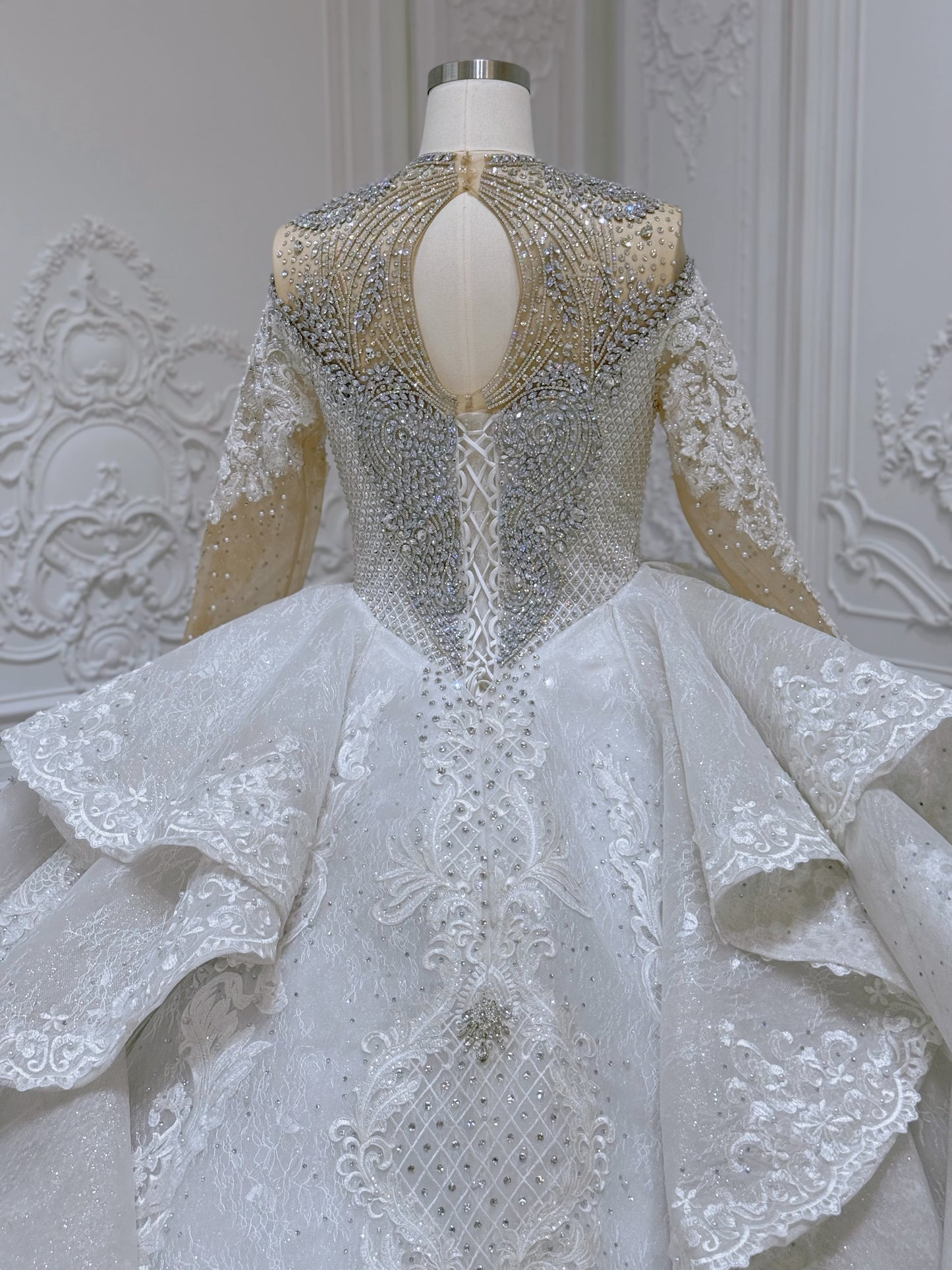 Stock Clearance! Bridal Size 12! Luxury crystal beaded with lace embroidered sparkling long sleeve high neck royal wedding dress