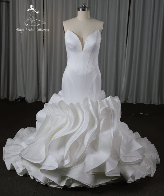 TBC-CM33 Custom-made strapless white satin mermaid wedding dress with ruffles skirt