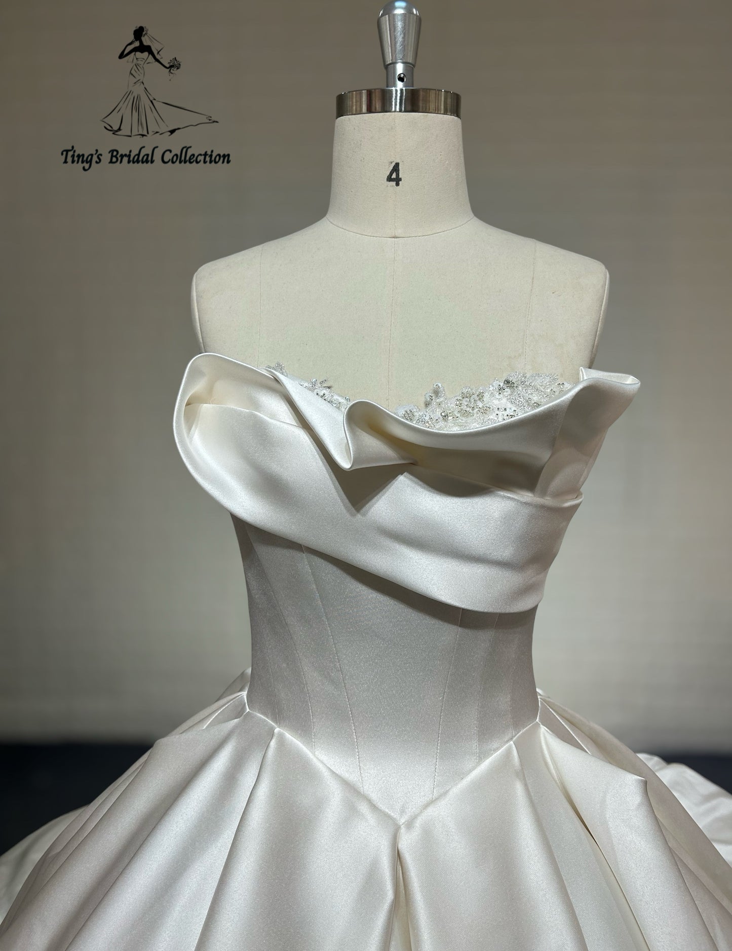 TBC-B027 Made to order satin ballgown wedding dress with ruffled neckline