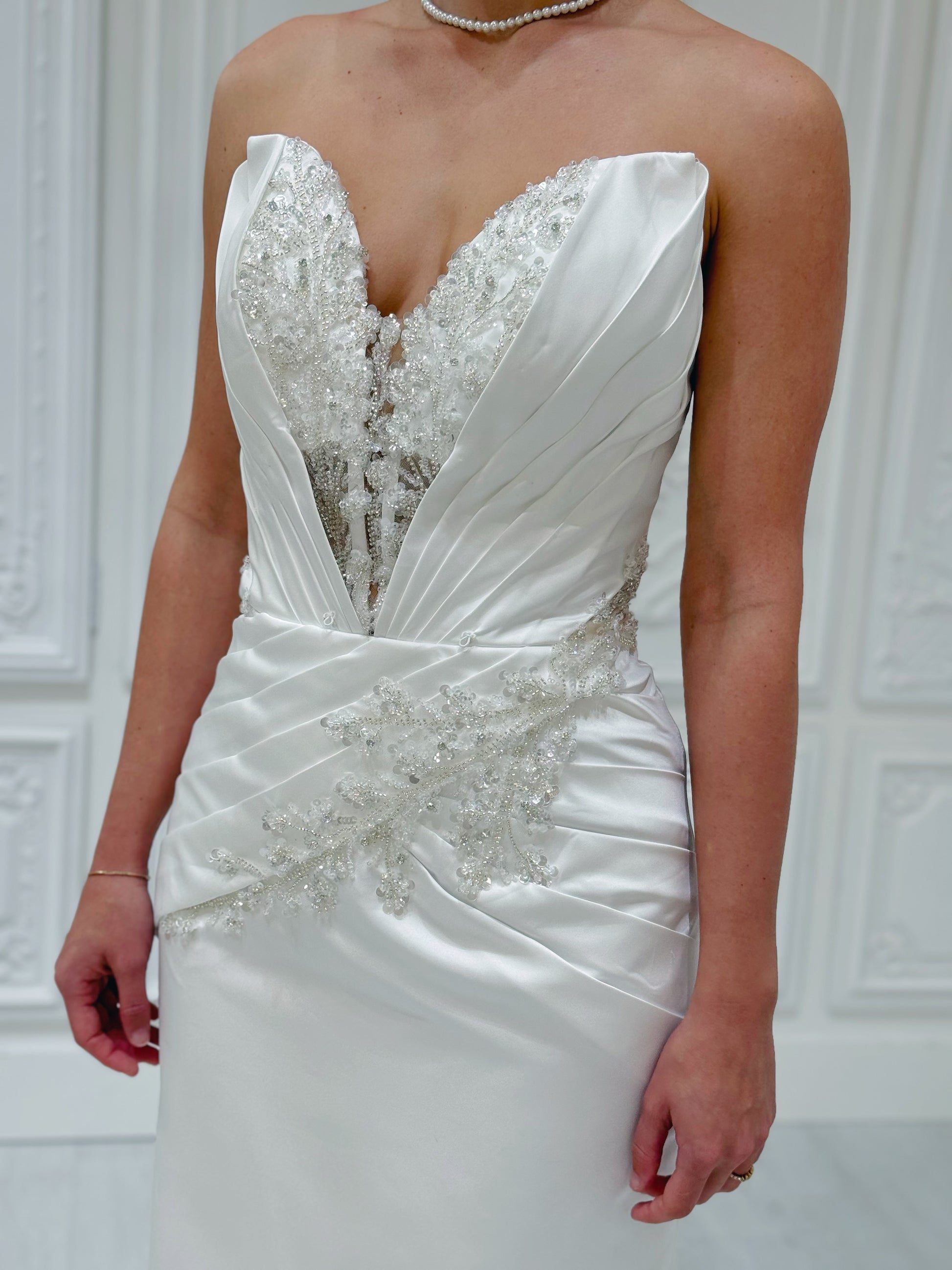 Stock Sale! Customer-made luxury beading lace embroidered strapless satin 2 in 1 ballgown&mermaid royal wedding dress with detachable skirt - Ting's Bridal Collection