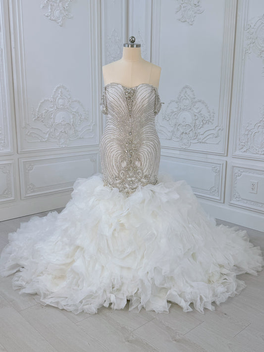 TBC-2IN1-003 Luxury crystal pearl beaded off the shoulder mermaid wedding dress with detachable ruffled skirt