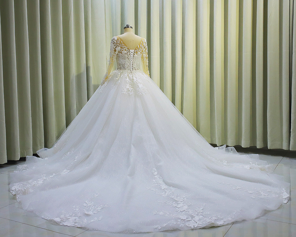 TBC-CM001  Custom-made floral embroidered long sleeve 2 in 1 ballgown and mermaid wedding dress with detachable skirt - Ting's Bridal Collection