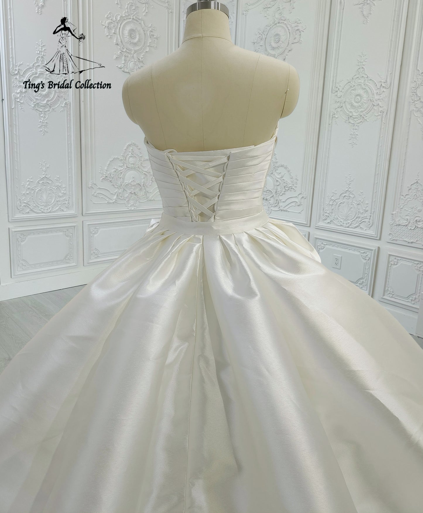 Custom-made strapless with V neck pleated white mikado satin 2 in 1 look split trumpet wedding dress with detachable skirt - Ting's Bridal Collection