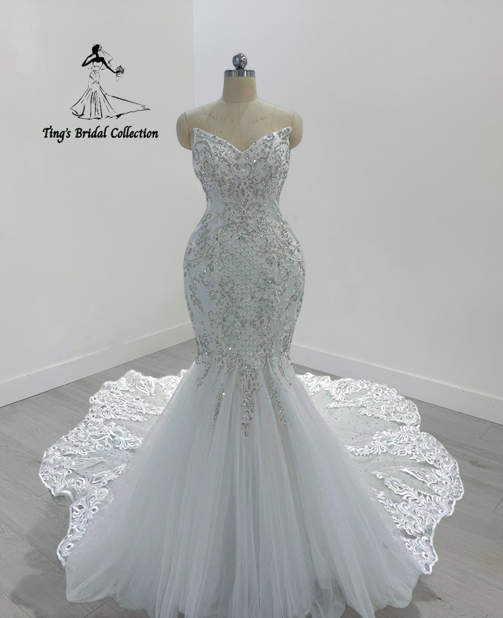 TBC-M045 Made to order lace embroidered with crystal beaded mermaid wedding dress
