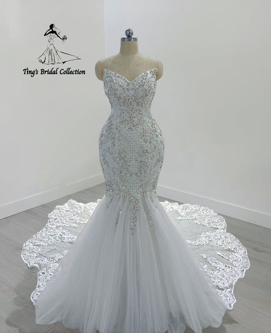 TBC-M045 Made to order lace embroidered with crystal beaded mermaid wedding dress