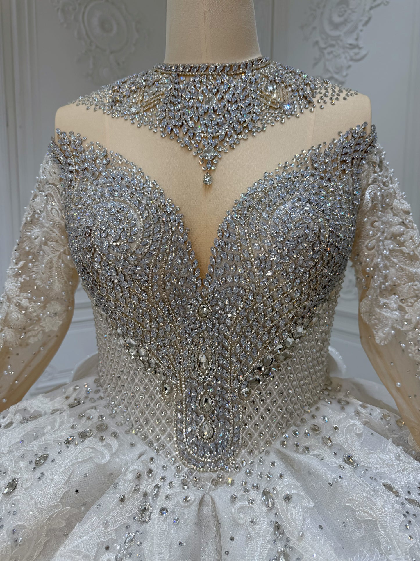 Stock Clearance! Bridal Size 12! Luxury crystal beaded with lace embroidered sparkling long sleeve high neck royal wedding dress