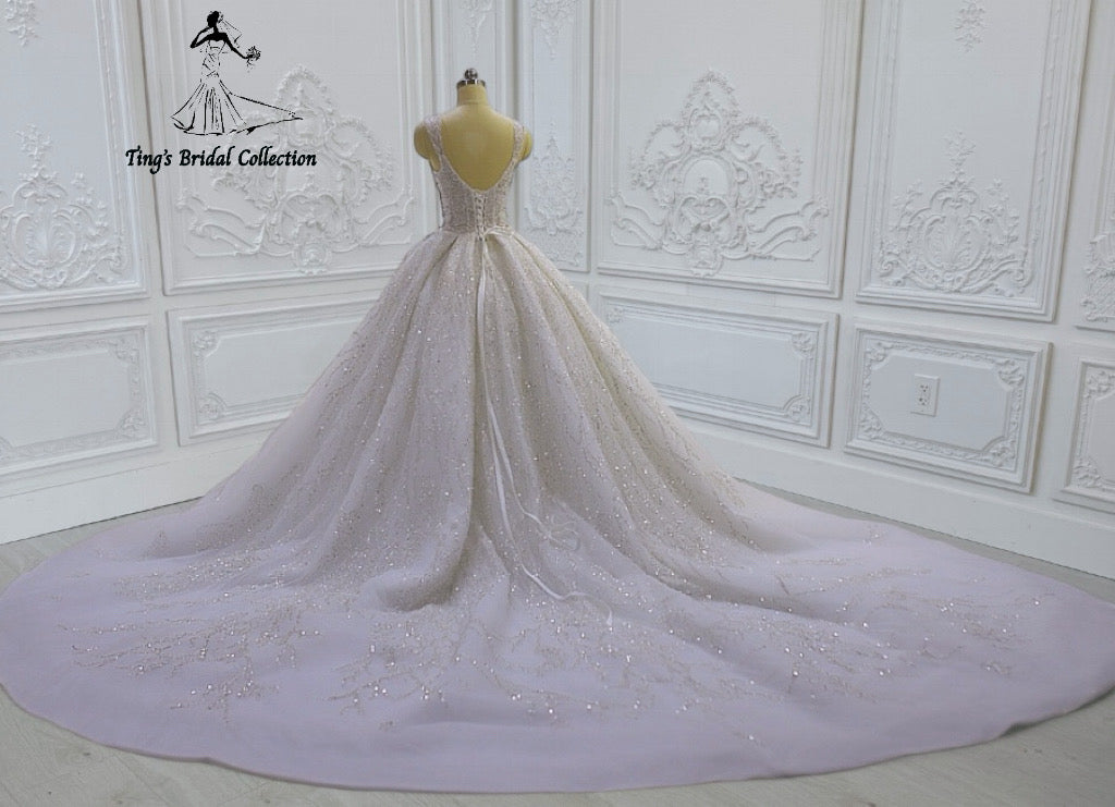 TBC-CM43 Custom-made beading lace embroidered strapped princess ballgown sparkling wedding dress