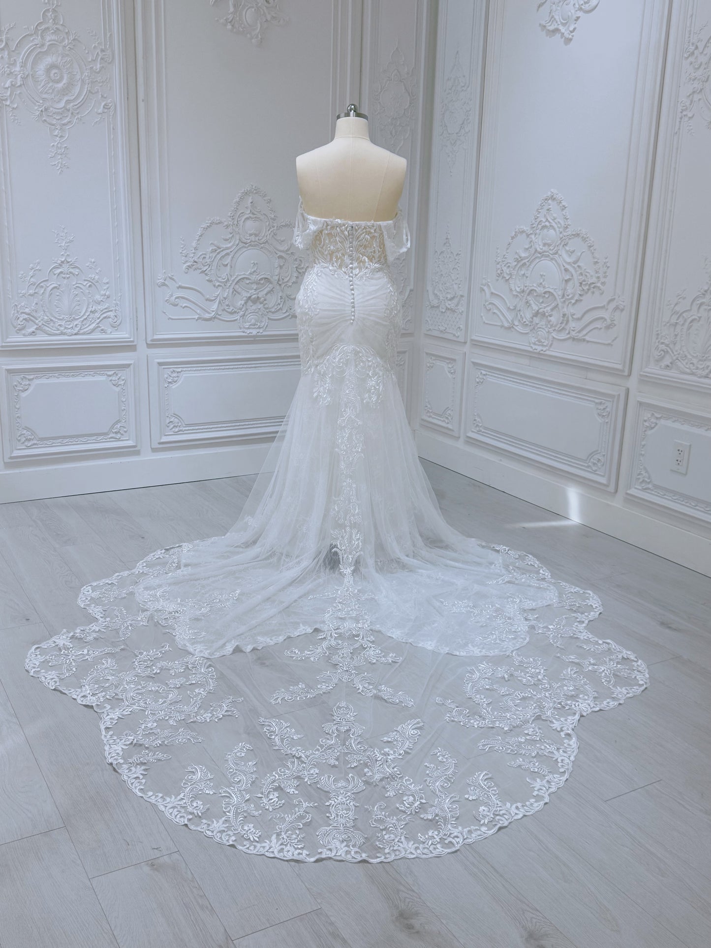 Stock Sale! Size 16! Custom-made lace embroidered off the shoulder trumpet/mermaid wedding dress - Ting's Bridal Collection