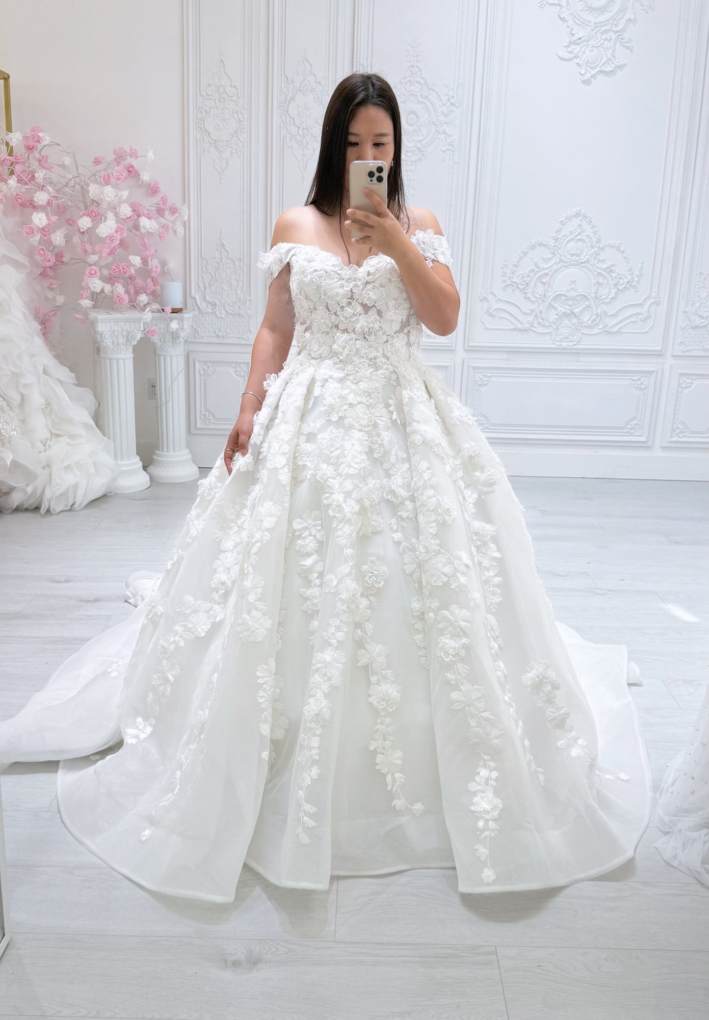 Stock Sale! Bridal size 12! Custom-made 3D floral embroidered off the shoulder with sweetheart Aline fairy wedding dress - Ting's Bridal Collection
