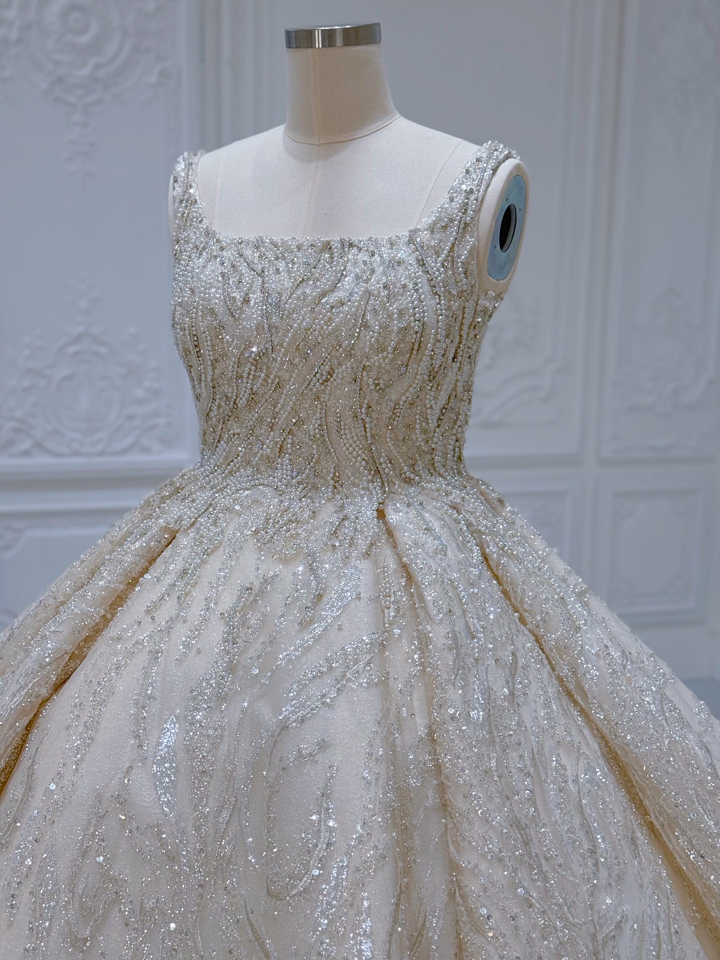 Stock Clearance! Bridal Size 10! Champagne color luxury beading square neck sparkling princess ballgown royal wedding dress
