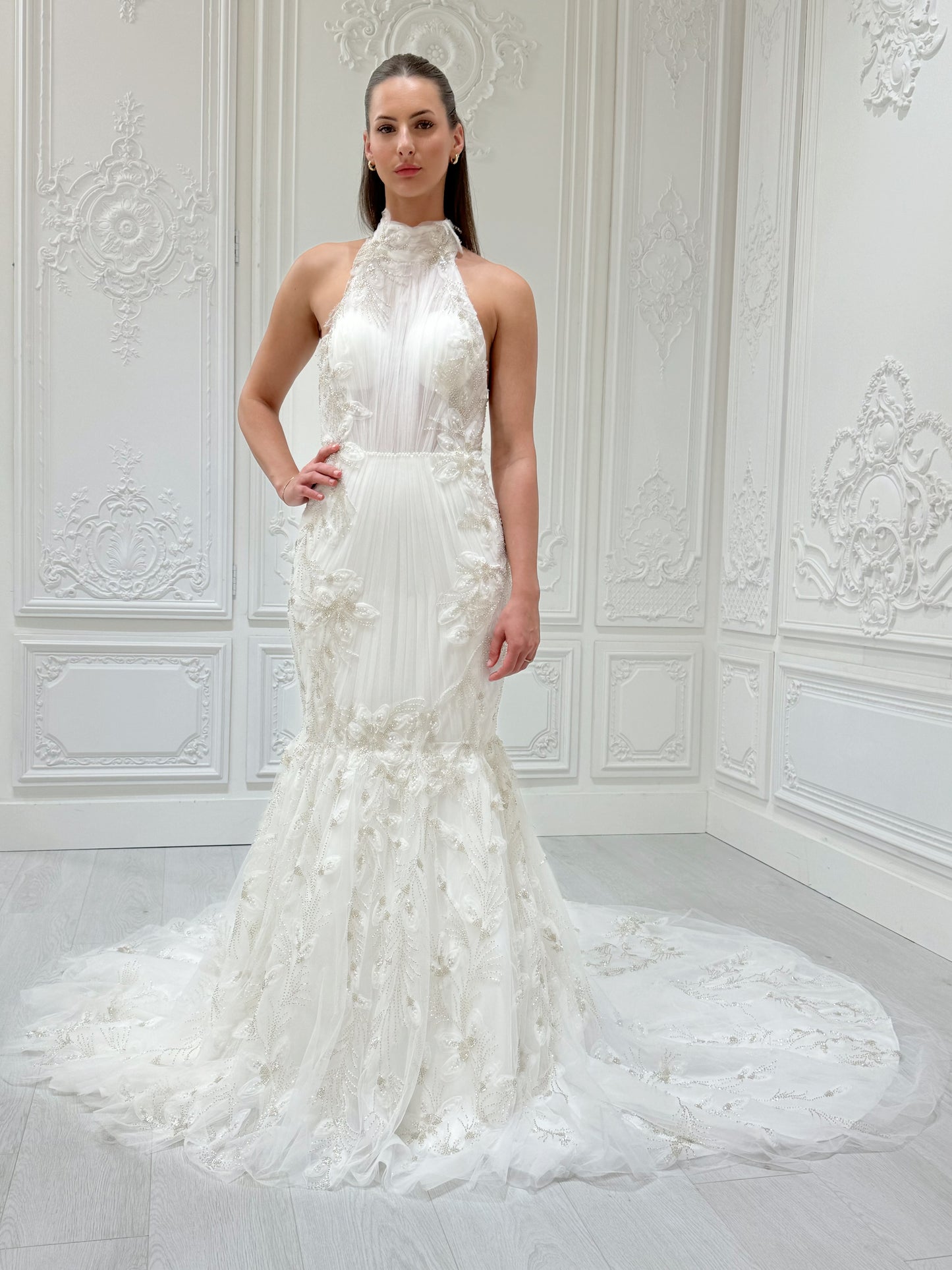 Stock Sale! Bridal size 12! Custom-made beading 3D floral lace halter neck with open back mermaid wedding dress - Ting's Bridal Collection