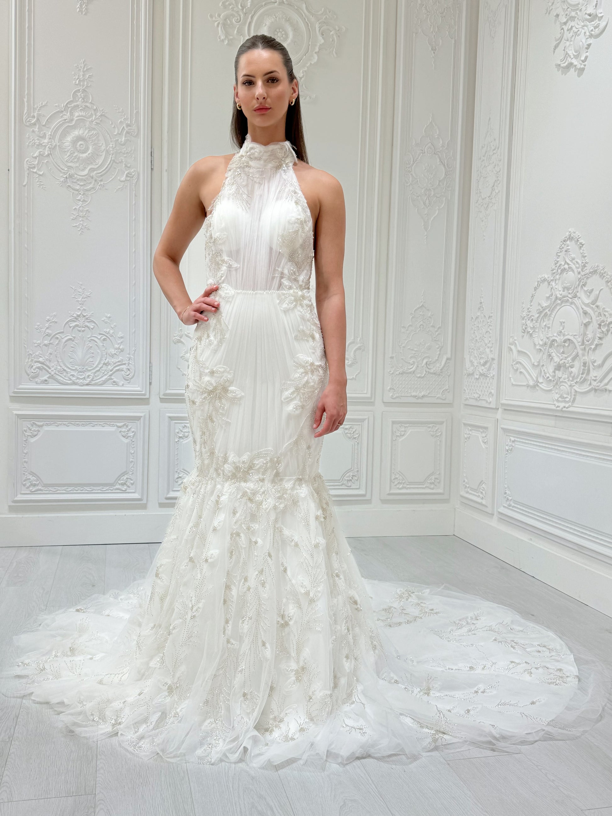 Stock Sale! Bridal size 12! Custom-made beading 3D floral lace halter neck with open back mermaid wedding dress - Ting's Bridal Collection