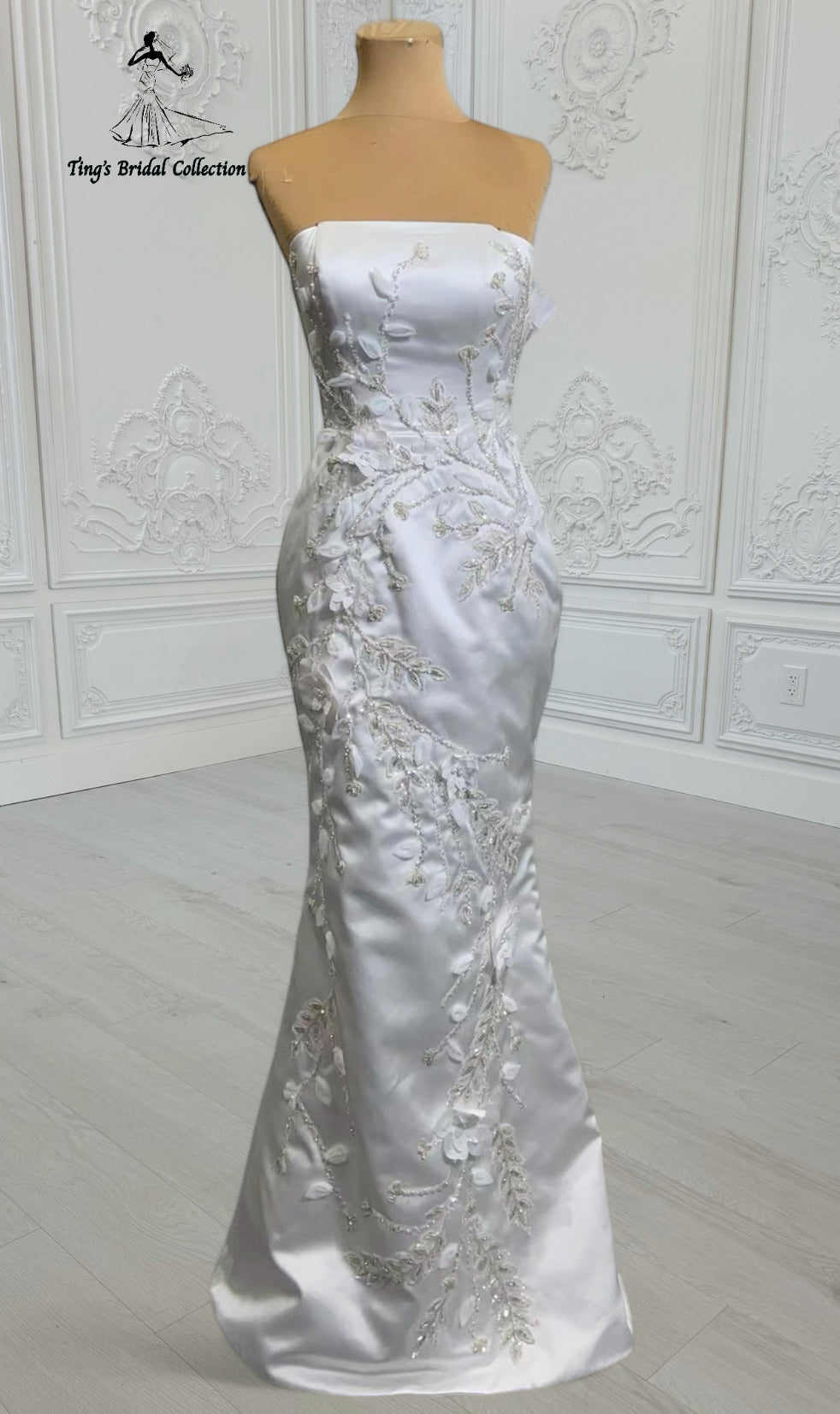 Custom-made white satin 3D beading lace embroidered strapless with straight neck 2 in 1 look trumpet wedding dress with detachable skirt - Ting's Bridal Collection