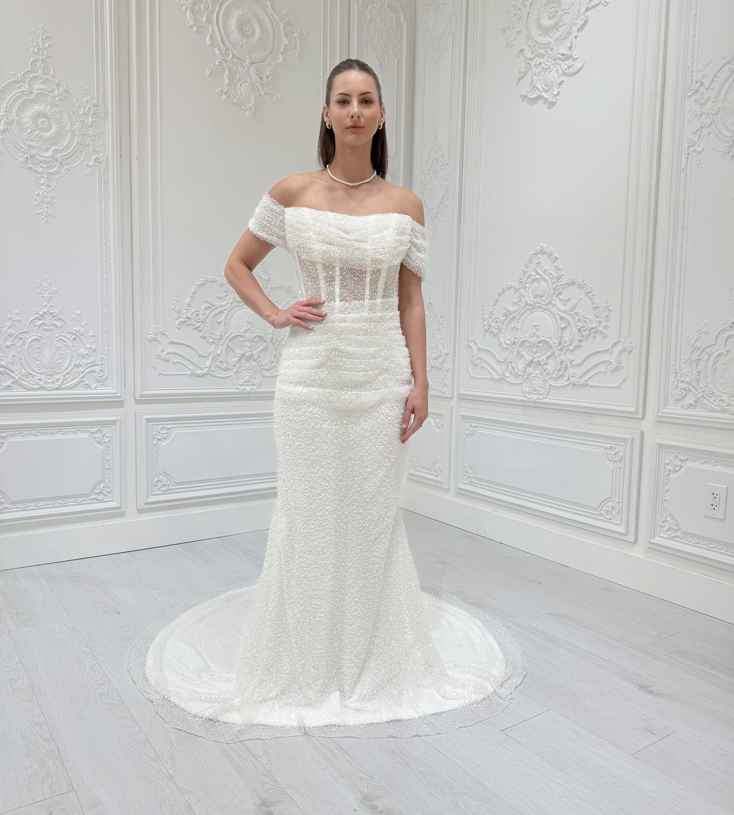 Stock Clearance! White beading straight neckline off the shoulder pleated sparkling mermaid wedding dress with detachable skirt - Ting's Bridal Collection