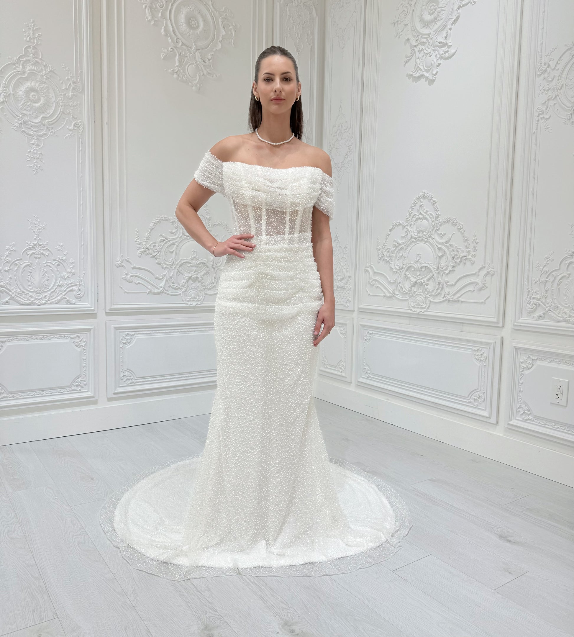 Stock Clearance! White beading straight neckline off the shoulder pleated sparkling mermaid wedding dress with detachable skirt - Ting's Bridal Collection