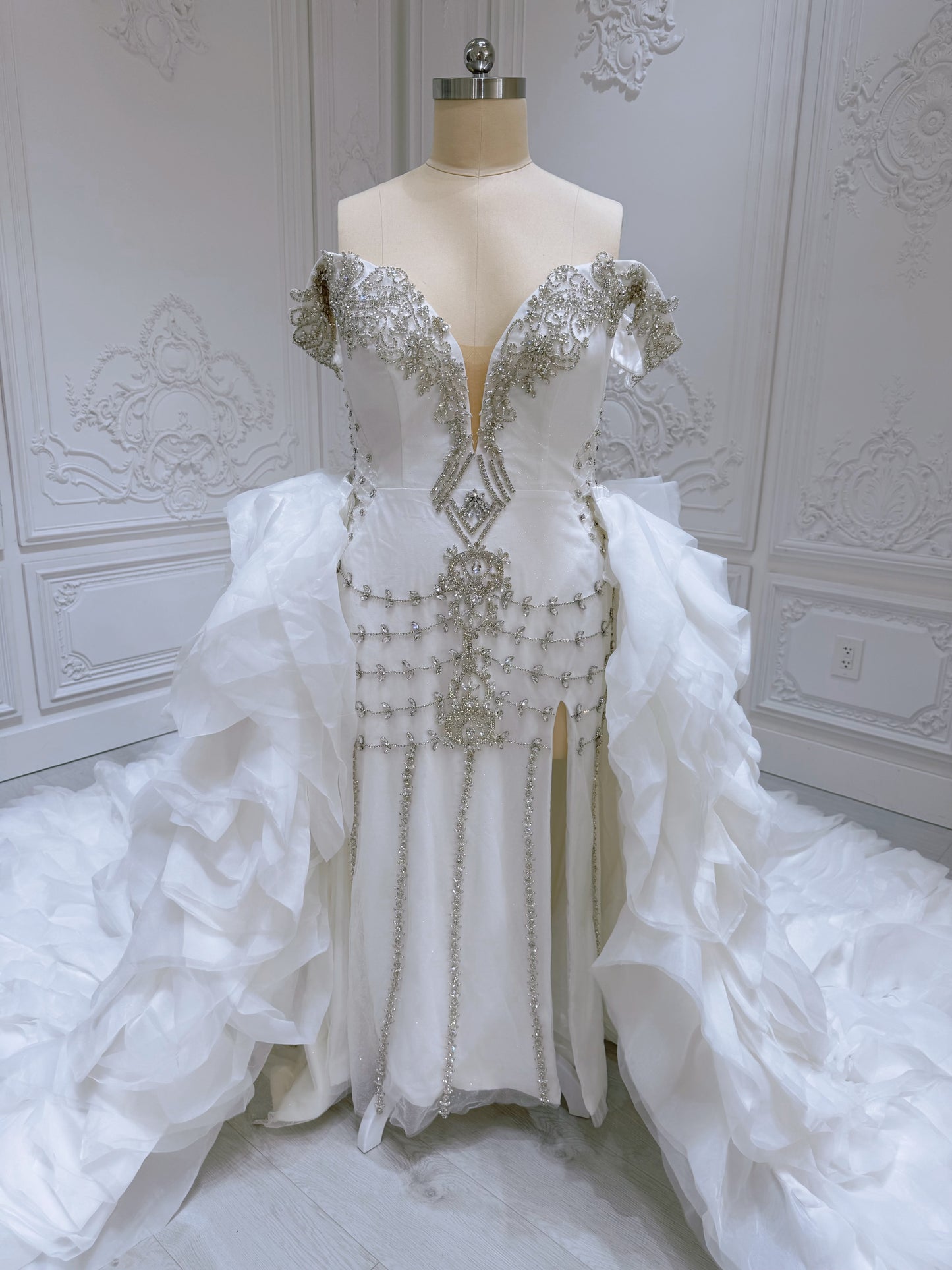 TBC-2IN1-0036 Made to order Luxury crystal beaded 2 in 1 mermaid with detachable ruffled skirt