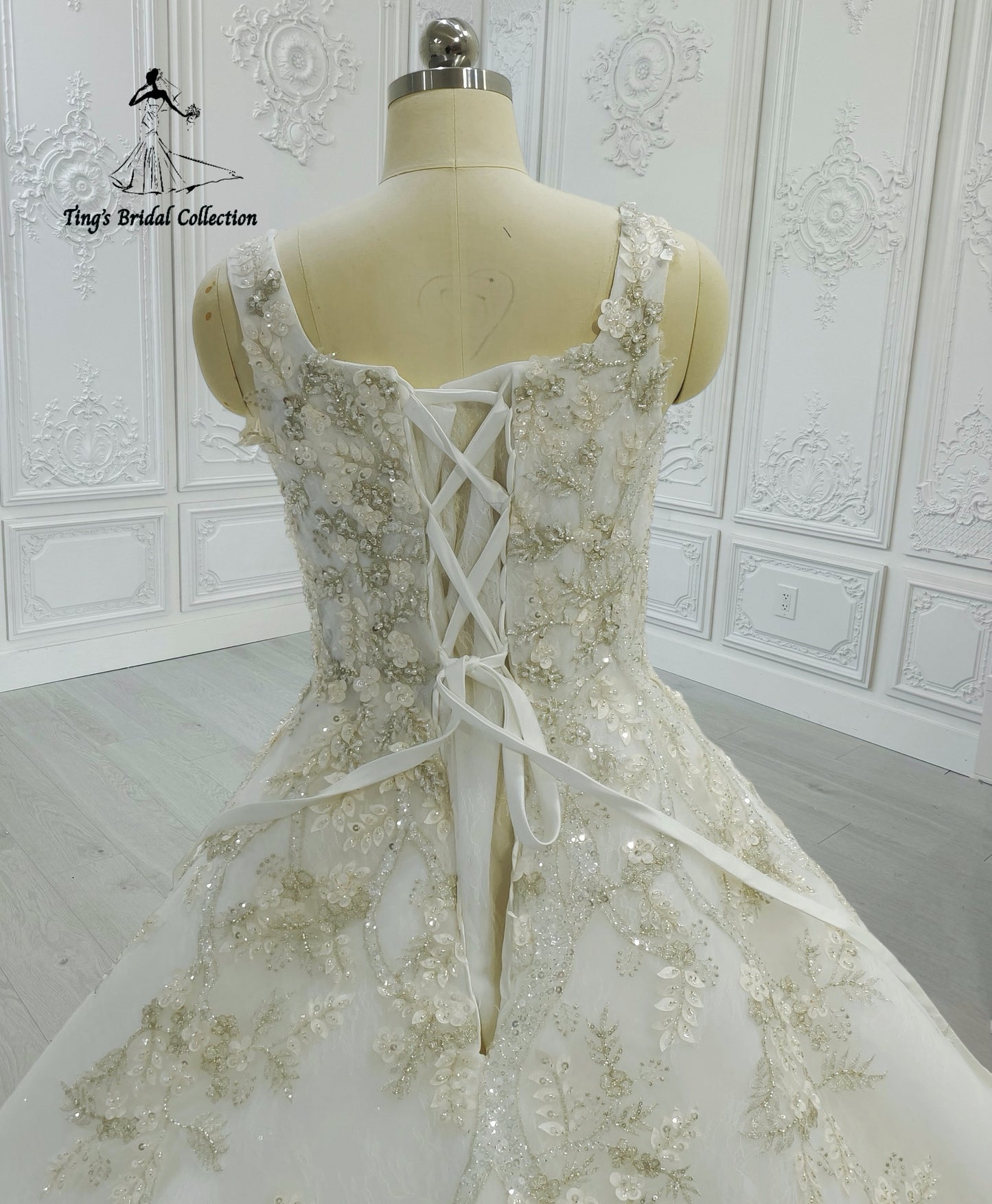 Custom-made white sparkling gown with champagne 3D floral embroidered square neck Aline wedding dress - Ting's Bridal Collection