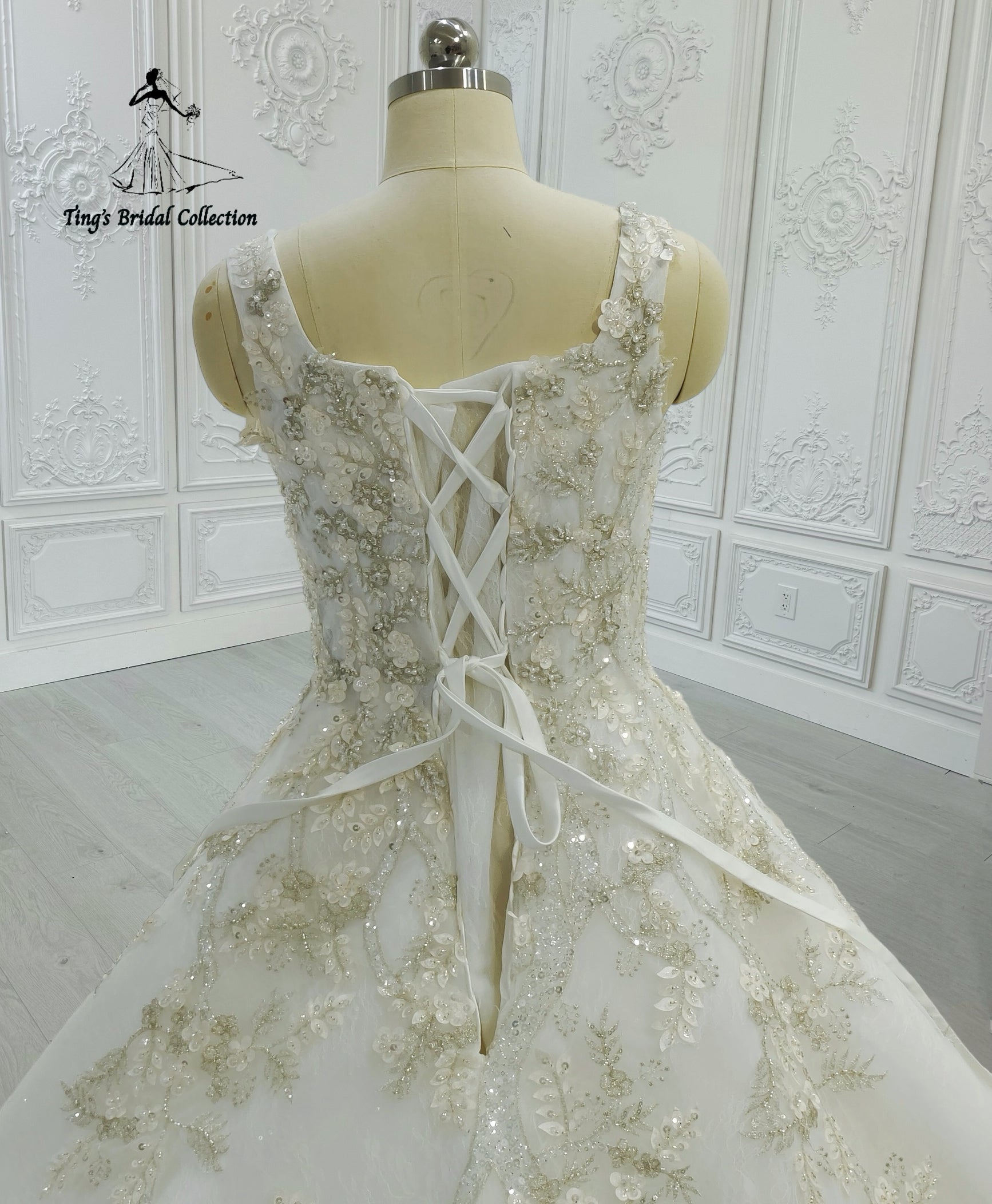 Custom-made white sparkling gown with champagne 3D floral embroidered square neck Aline wedding dress - Ting's Bridal Collection