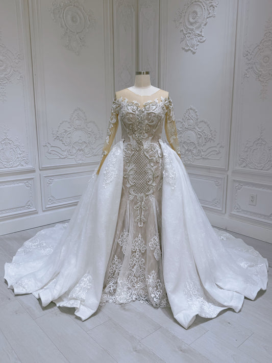 TBC-CM26 Stock of long sleeve beading lace embroidered mermaid wedding dress with detachable skirt